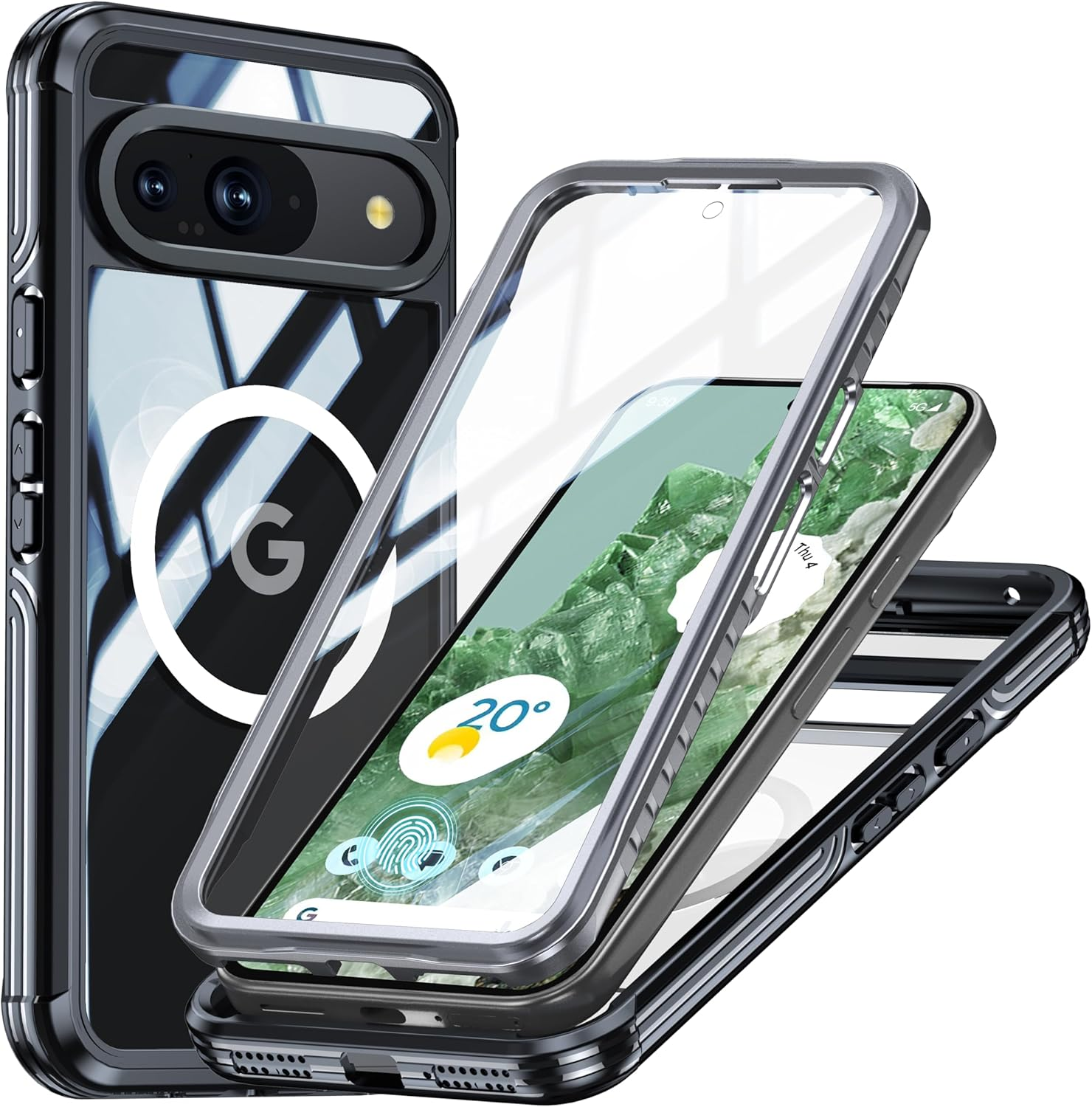 ELEPIK for Pixel 9A Case [Built-In 9H Screen Protector] [Compatible with Magsafe] [Full-Body Protection] Phone Case for Google Pixel 9A with Dustproof, Wireless Charging, Black image number 3