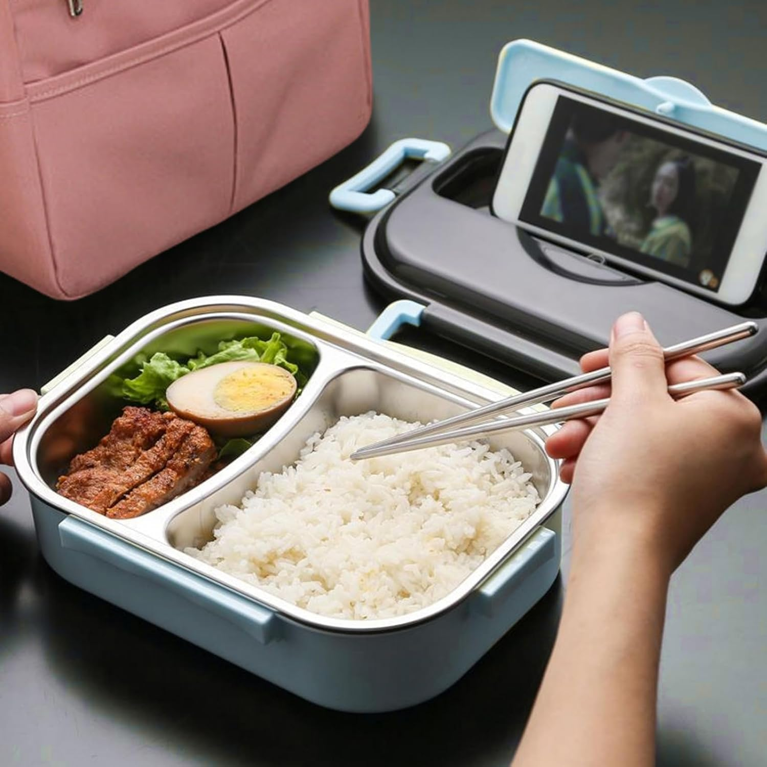 Yharnamite Thermal Lunch Box, 2-Compartment Stainless Steel Keep Warm Lunch Box Portable Leakproof Insulated Lunch Box with Cutlery Holder for Students, Office Workers, Travel (Blue) - Pink image number 2