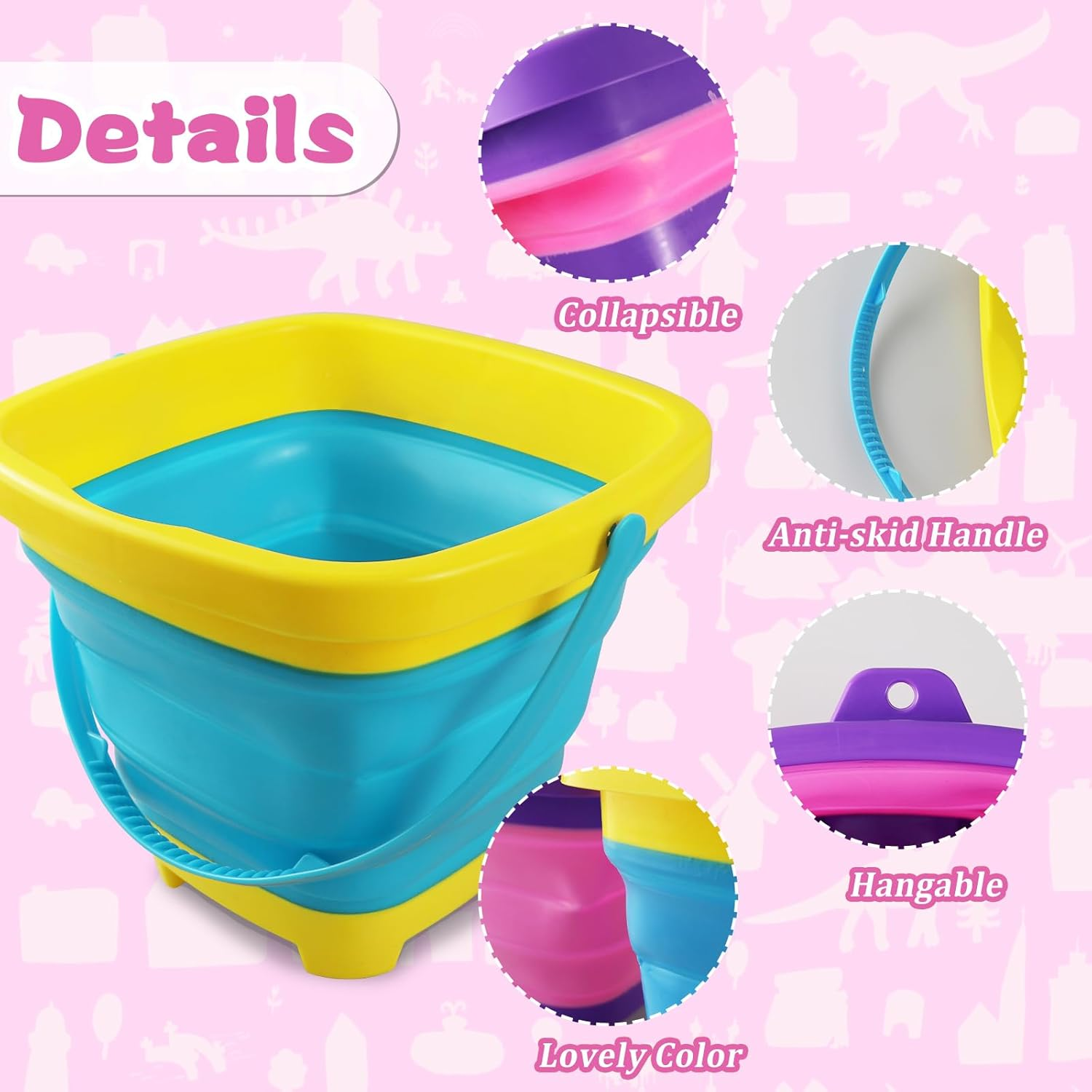 2Pcs Foldable Beach Play Sand Pails, Collapsible Buckets with Handle for Kids, Outdoor Summer Beach Camping (Pink-Purple+Blue-Yellow) image number 4