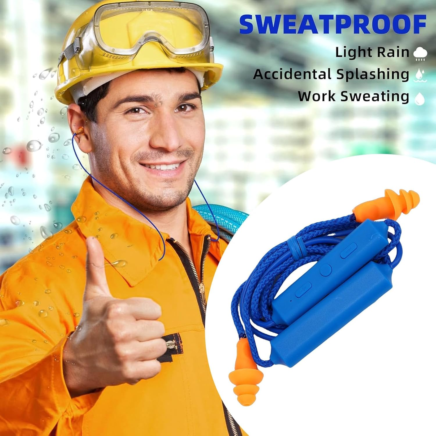 Bluetooth Earplug Headphones, 29Db Noise Reduction & IPX5 Water Proof, 20H Playtime, Concealable Neckband for Construction, Woodworking, Welding (Blue) - Blue image number 3