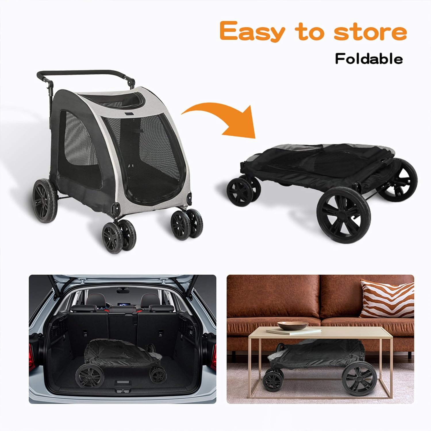 Pawz Pet Stroller &ndash; Dog Pram, Cat Carrier, Travel, Foldable, Strollers, 4 Wheels, 50Kg Large Capacity, Black and Grey image number 5