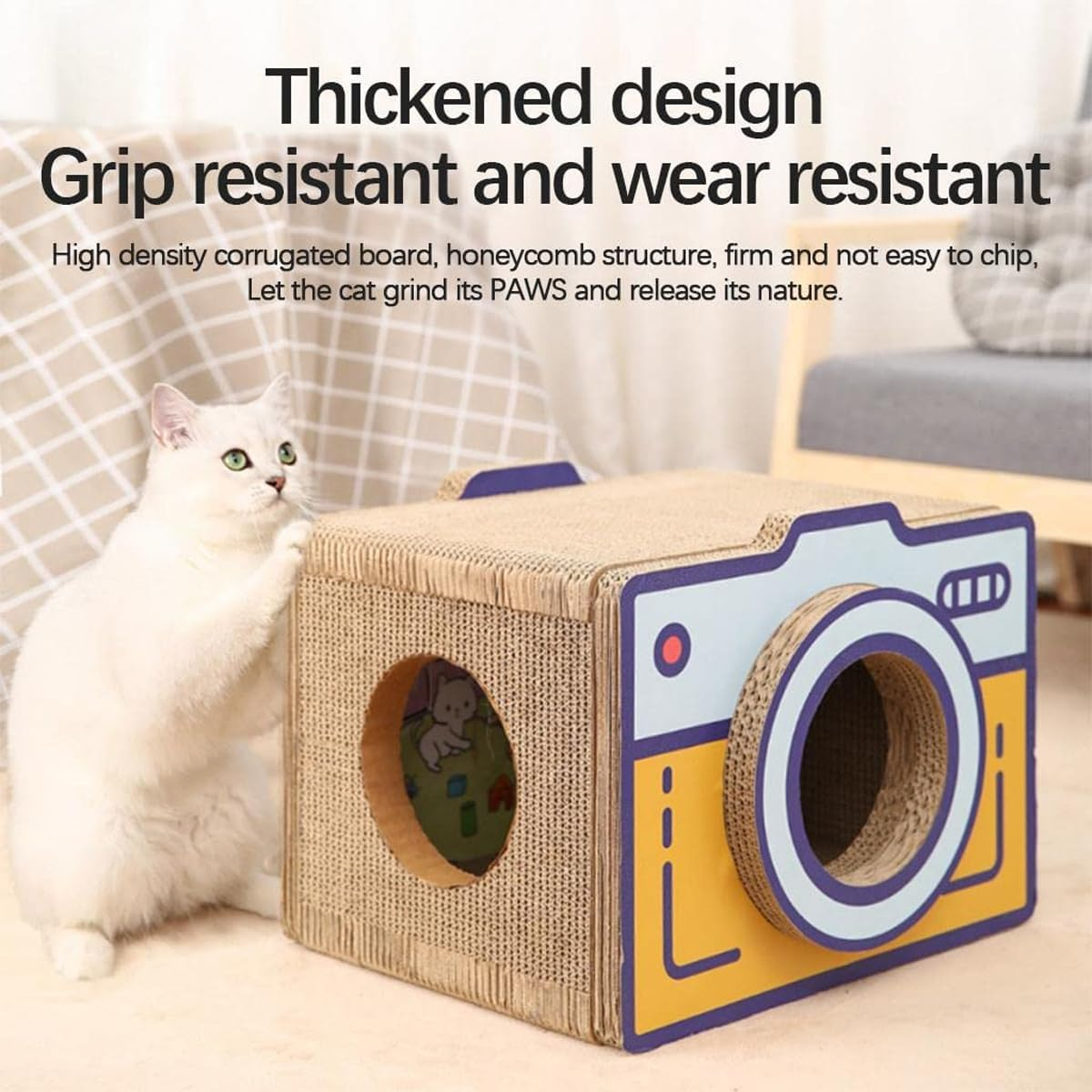 AIMALL Corrugated Cat Scratch Board Retro Camera Style Vertical Cat Nest House Durable Yellow Cardboard Cat Toy Furniture for Indoor Pets image number 1