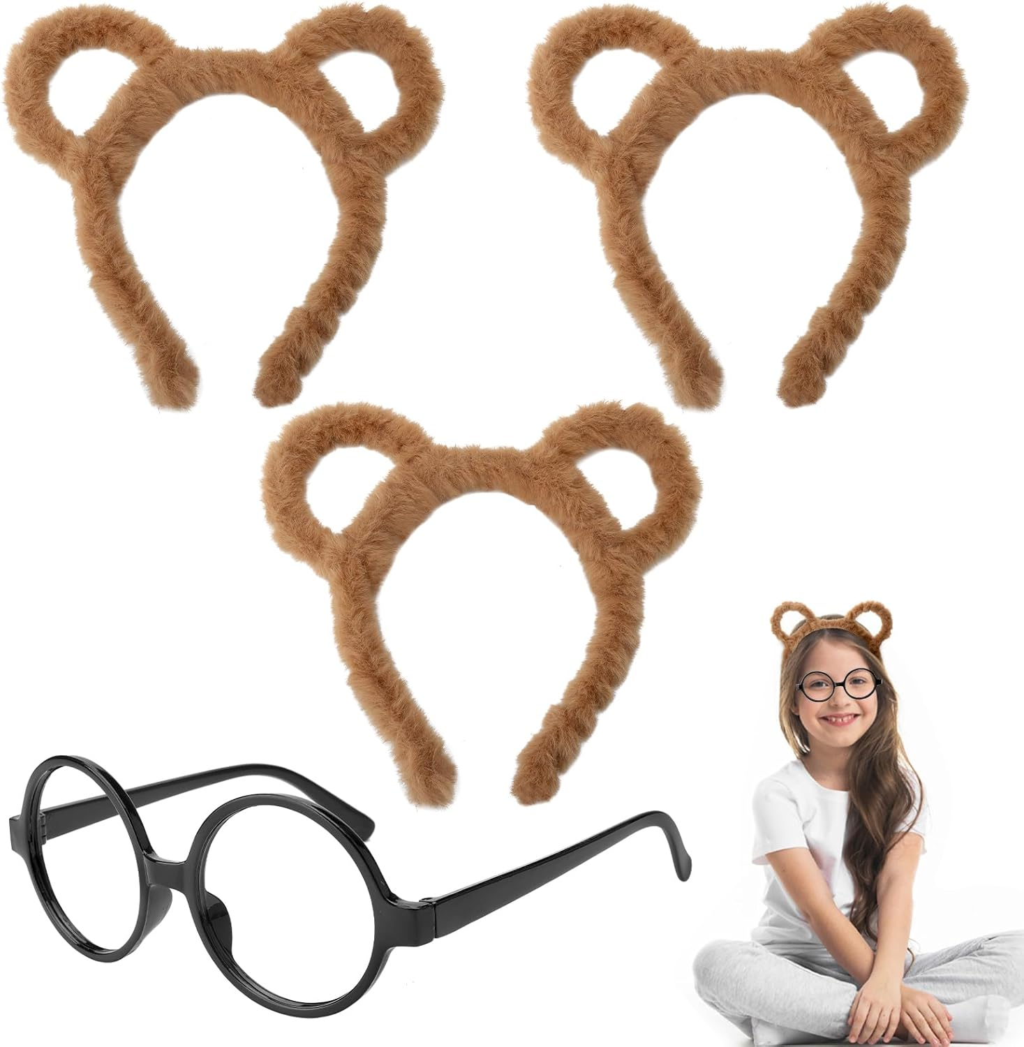 DAWRIS 4Pcs Chipmunks Set, 3 Pcs Chipmunk Headbands and Glasses Bear Ear Headbands Cute Cartoon Ear Headbands Brown Ears Headband Halloween Birthday Party Cosplay Costume Accessories image number 6