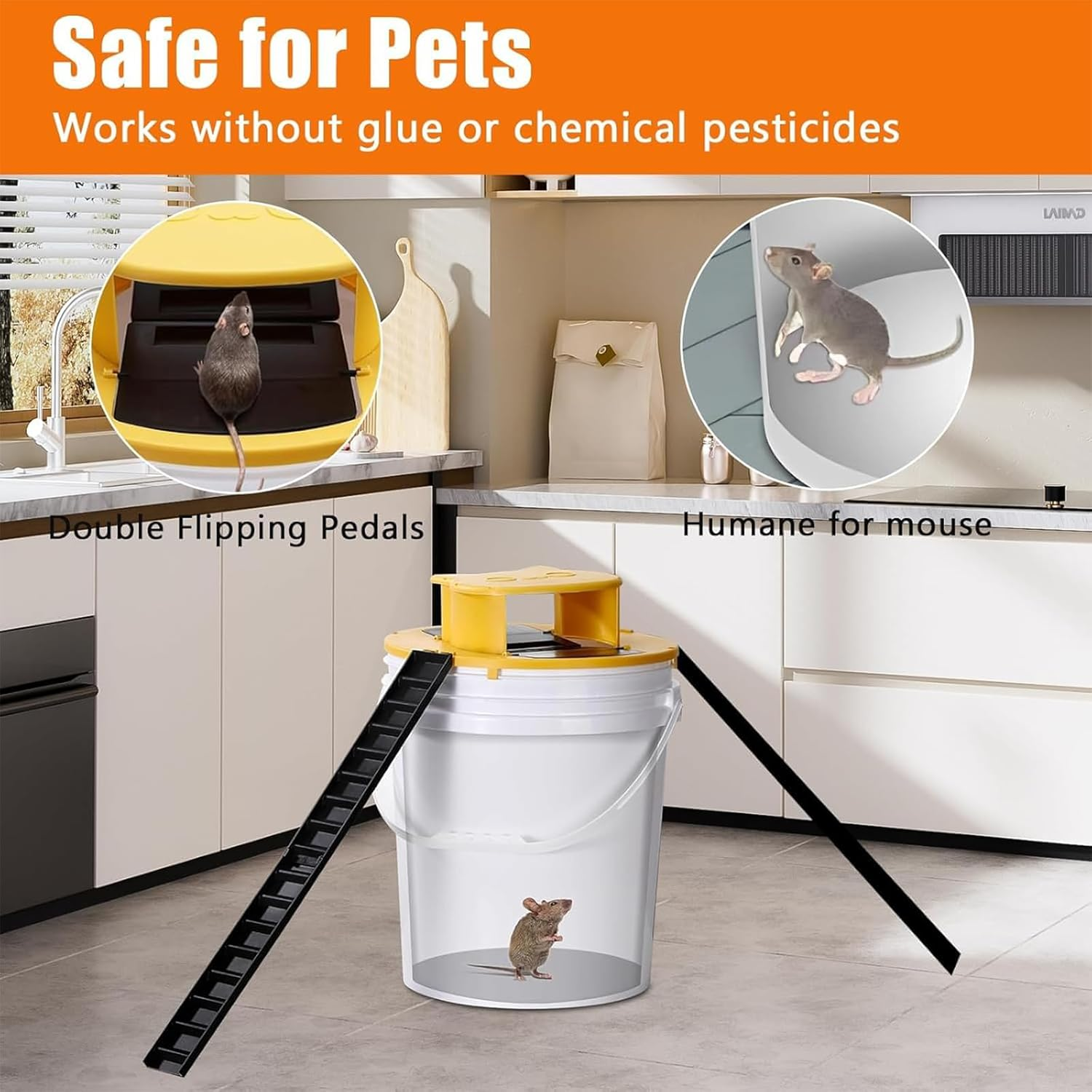 Yeanifeana Mouse Trap Bucket Lid, Dual Trap Door Design, Humane & Effective Rat/Mice/Chipmunk Traps for Indoor/Outdoor Use, Reusable Rodent Control with Quick-Catch Technology image number 3