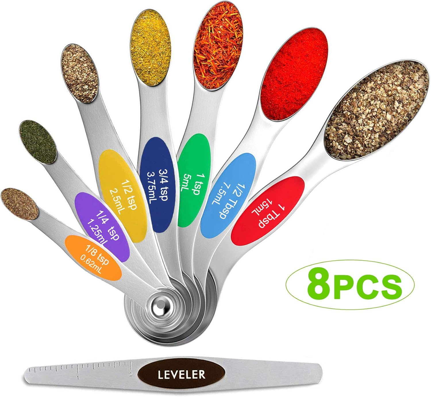 Magnetic Measuring Spoons Set of 8 with Leveler Stainless Steel Stackable Upgraded Colourful Double Sided Teaspoon/Tablespoon/Milliliter Kit for Kitchen Dry/Liquid Ingredients,Fits in Spice Jars image number 3