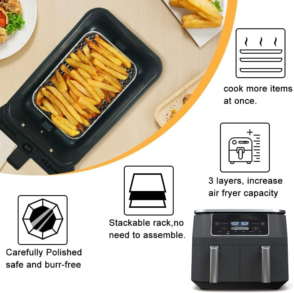 Air Fryer Rack for Ninja Air,3 Layers Stainless Steel Air Fryer Shelf Stackable Dehydrator Racks with Clip and Silicone Feet Air Fryer Accessories for Dual Air Fryer, Oven (Rectangular) image number 1