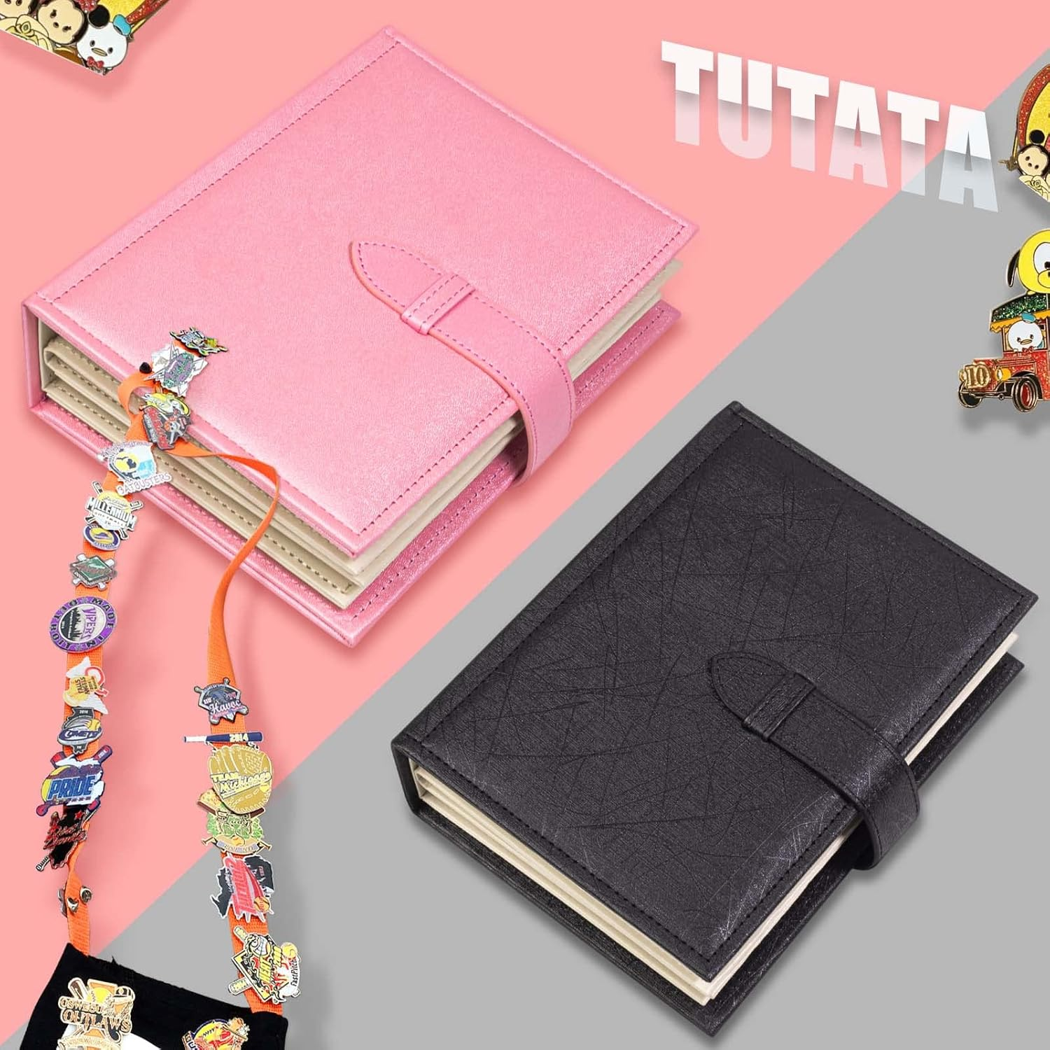 Enamel Pin Display Book, Portable Pin Trading Book, to Display and Trade Your Disney Pins, 42 Pin- Capacity, Leather Pin Holder, Fits Rubber Pin Back, Pink - Black image number 4