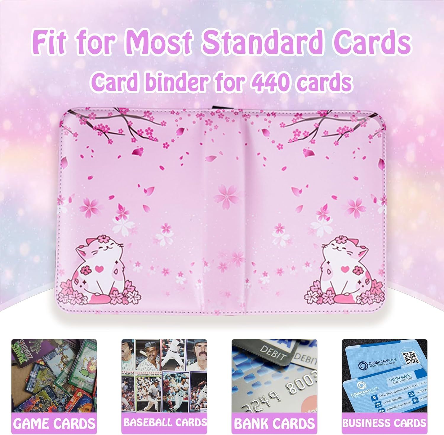 CLOKORIA Card Binder for Girls Gifts,440 Cards Collectible Trading Card Holder Case with 55 Sleeves, 4 Pocket for TCG Game Cards Collection Sports Trading Cards Collector Album (Sakura Cat) - Fish Scales image number 7