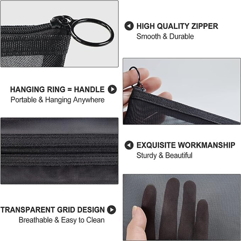 Stibest 6 Pieces Mesh Makeup Bags Mesh Cosmetic Bag Portable Travel Organizing Zipper Pouch Toiletries Makeup Pouches for Home Office Travel Accessories, Black, Mesh Makeup Bag image number 4