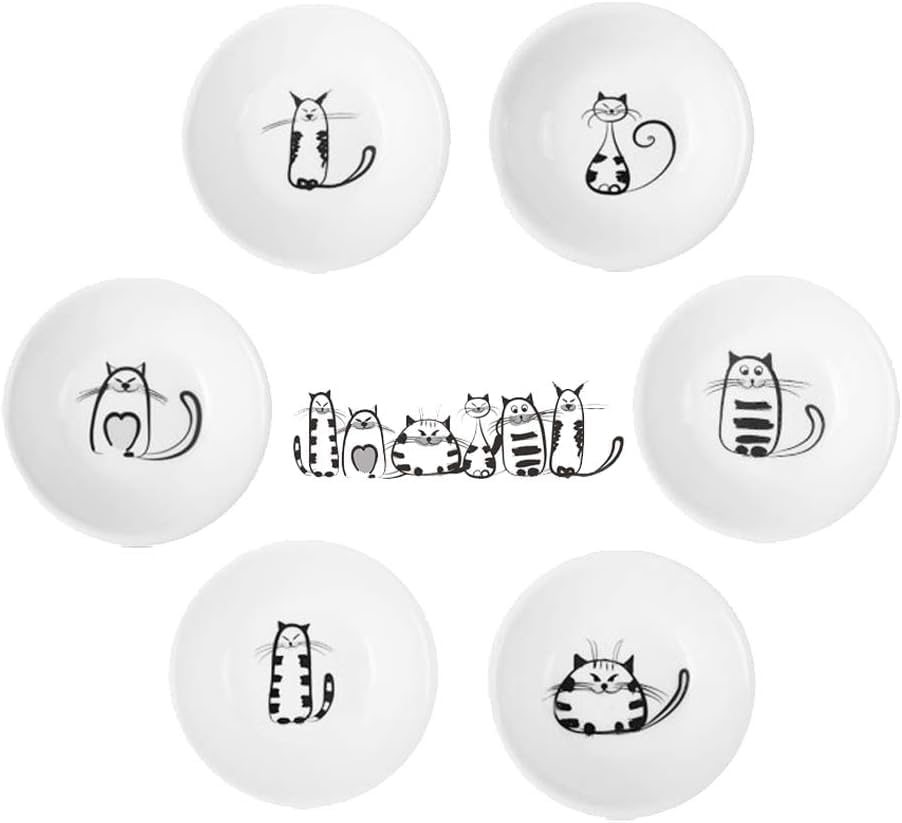 Super Cute Cat Ceramic Sauce Dish,Mini Side Seasoning Dish,Condiment Dishes,Sushi Soy Dipping Bowl,Snack Serving Dishes,Meow Porcelain Small Saucer Set(Set of 6) (7Cm) image number 3