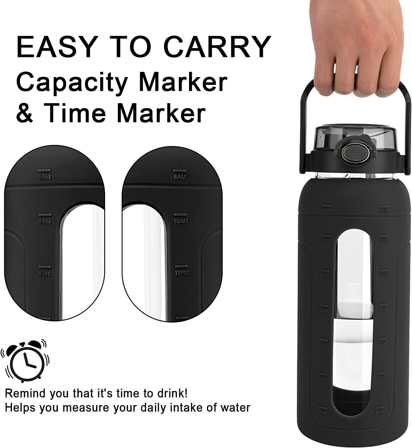 Tronco 64 Oz Glass Water Bottles with Straw and Handle Lid,Half Gallon Water Bottle with Silicone Sleeve&Time Marker,Large Reusable Motivational Glass Water Jug Leakproof for Gym/Workout/Travel - Beige image number 2