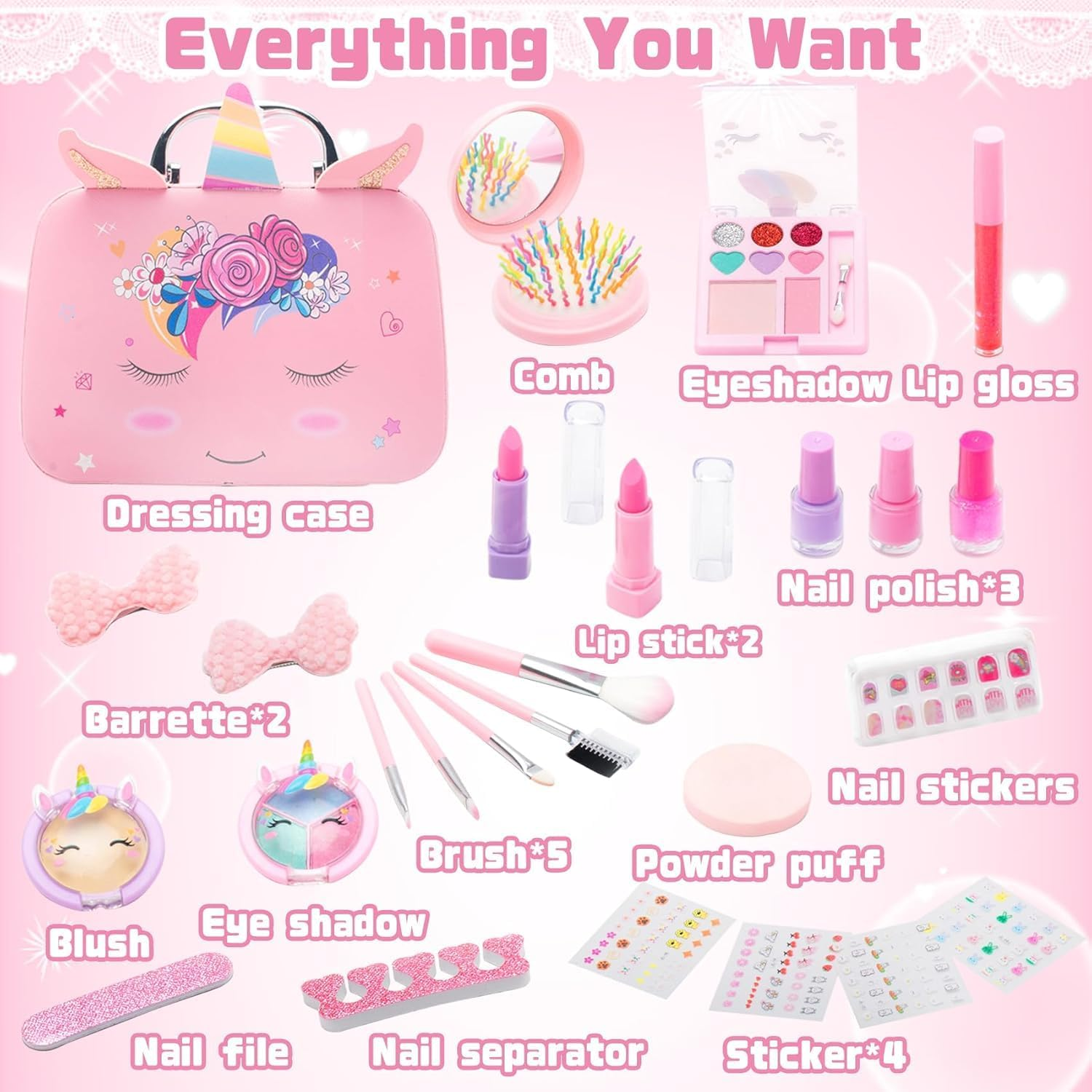 Kids Nail Polish & Makeup Kit for Girls - Washable, Non Toxic Pretend Play Toy Gift for Ages 3-12 | Girl Toys & Beauty Set (Pink) image number 5