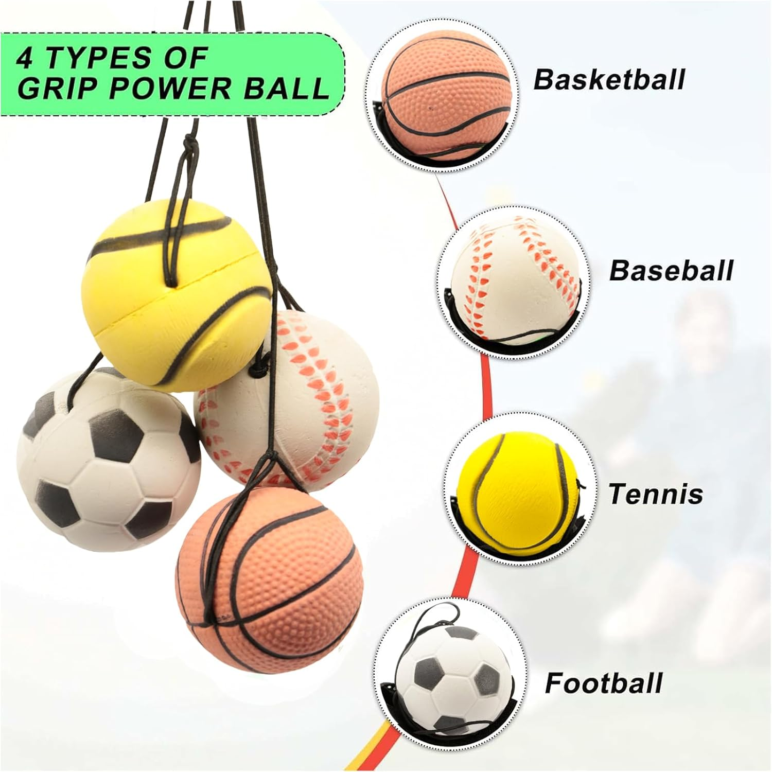 4 PCS Wrist Return Ball Set (Baseball, Soccer, Basketball, Tennis) 1.85 Inch Rubber Sports Ball with Adjustable Elastic String, 4 Balls per Set image number 2