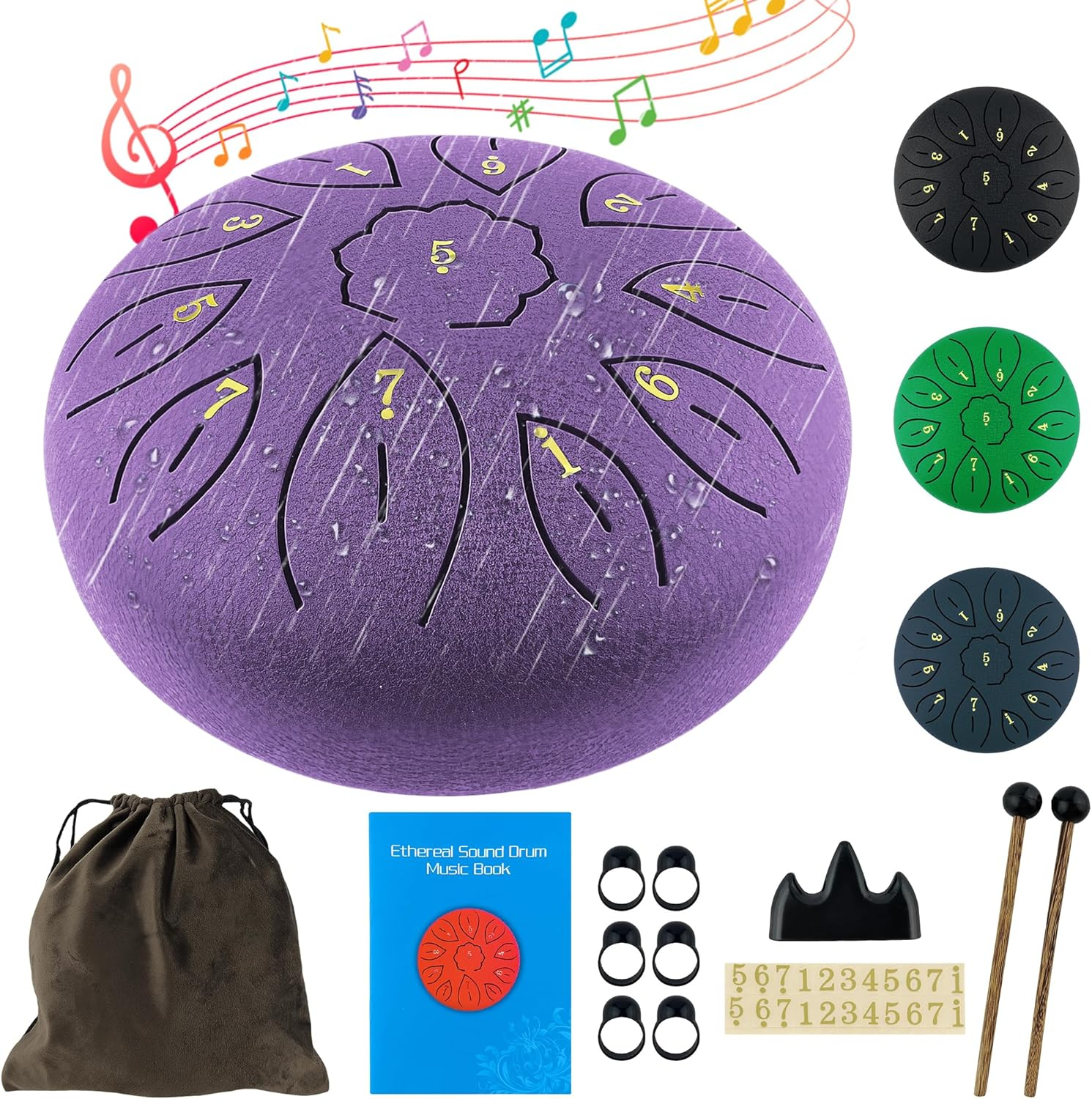 Oun Nana Rain Drum for outside When It Rains, 6 Inches 11 Notes Steel Tongue Drum with Drumsticks, Holder, Finger Paddle, Music Book, Travel Bag, Waterproof Echos Drum Rain Chimes for outside Garden