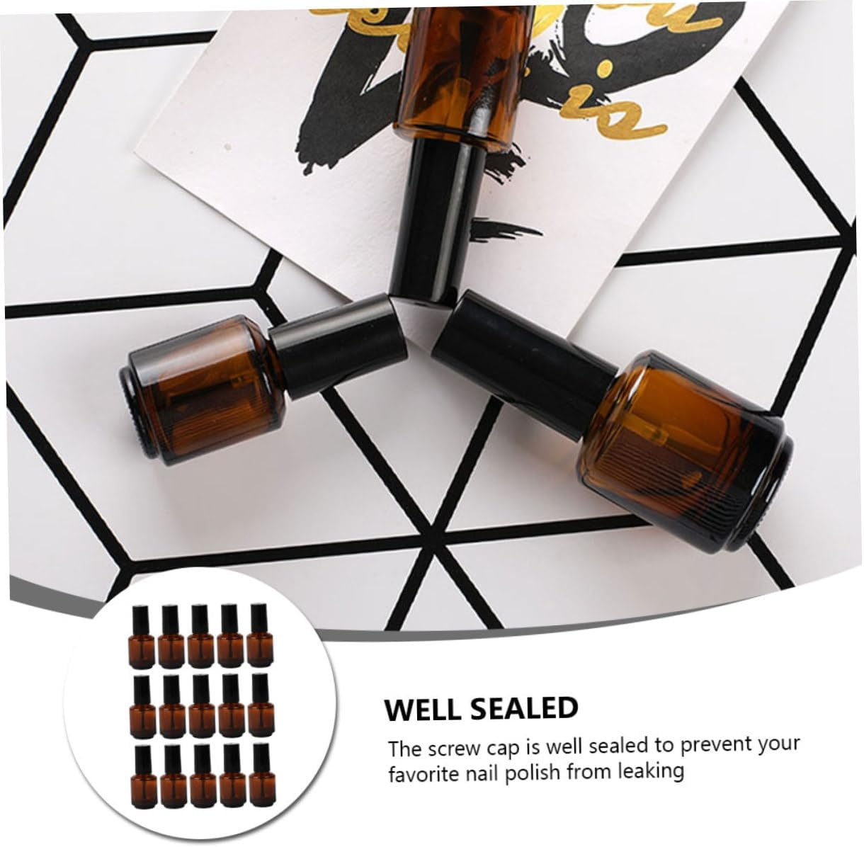 Beavorty 15Pcs Empty Refillable Glass Nail Polish Vials Brush Brown Tea Bottles for Nail Art Glass Bottles for Craft