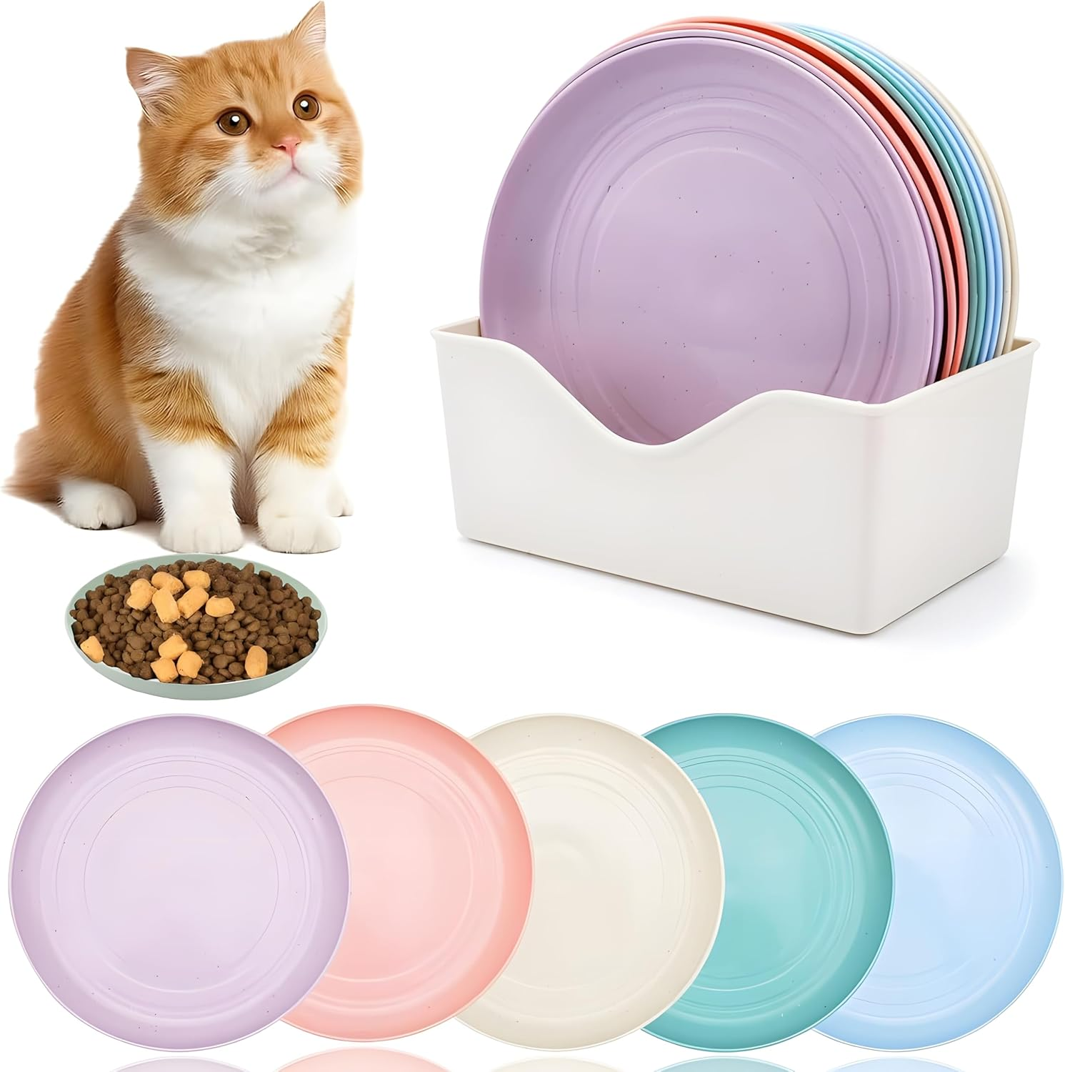 Pack of 10 Cat Bowls, Cat Bowls, Flat Feeding Bowl, round Cat Plate, Feeding Bowl, Colourful Cat Food Bowl Set, Cat Plate for Kittens and Short-Legged Cats