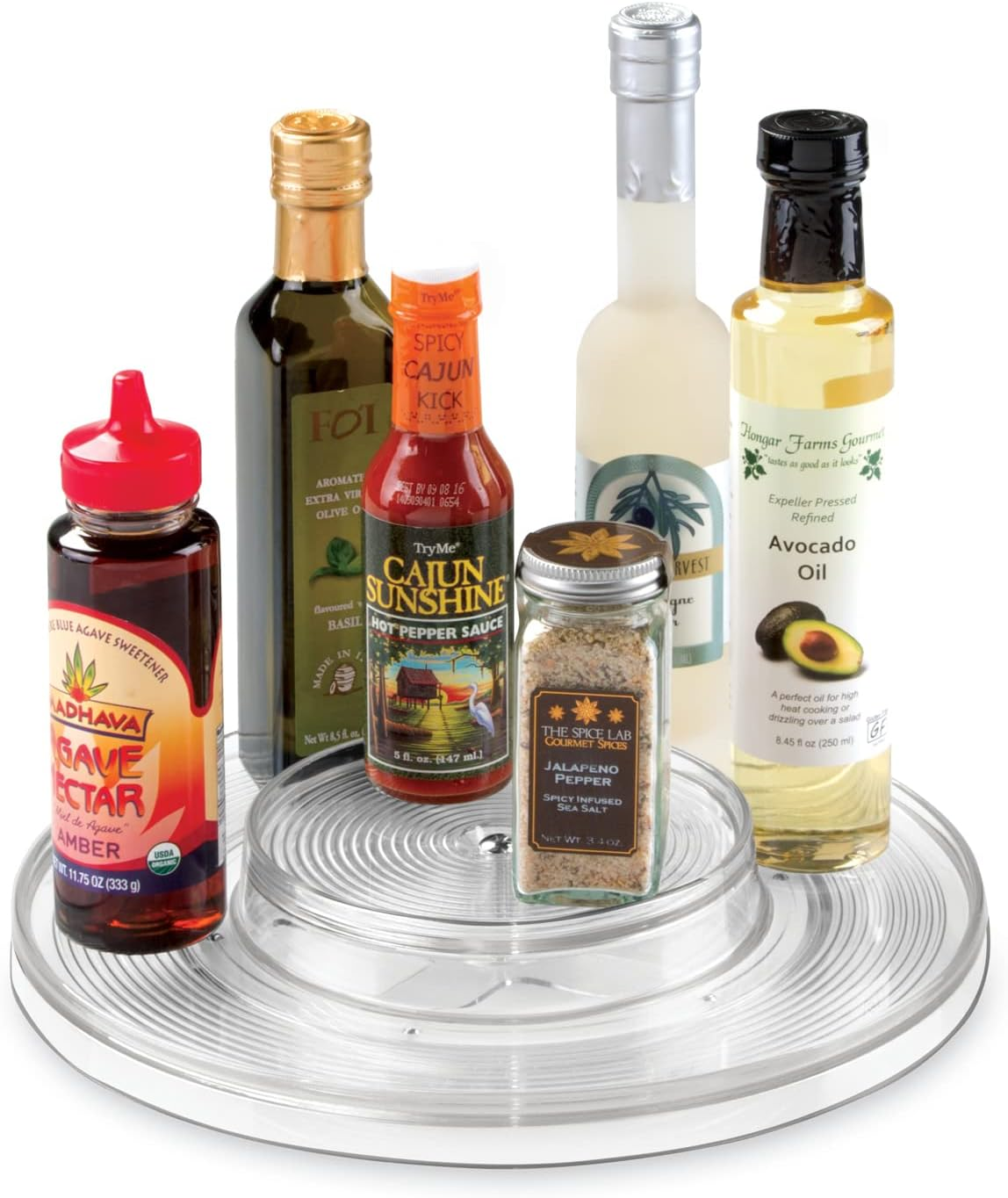 Idesign Rotatable Spice Rack with 2 Tiers, Small Plastic Kitchen Cupboard Storage for Spices and Condiments, Rotating Spice Jars Holder for Kitchen and Pantry, Clear image number 2