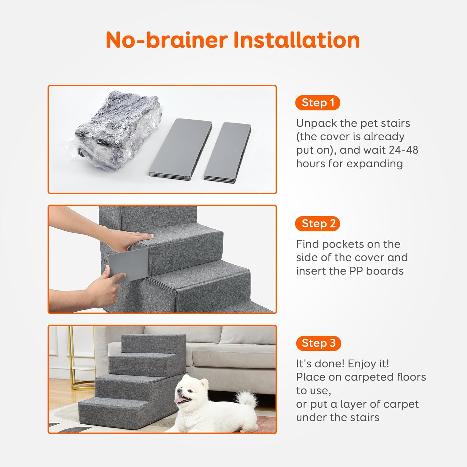 Dog Stairs & Steps for Small Dogs Cats Holds up to 25Kg, Pawque Pet Steps for High Bed Couch, Shock Absorbing Foam with High-Strength Boards for Pet Safe, Non-Slip Removable Washable Cover, 4 Step-Grey ( 45Cm High)