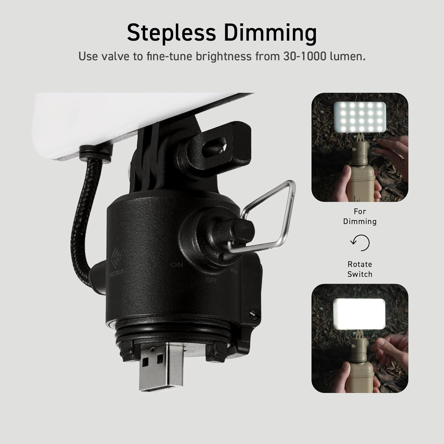 ELECOM NESTOUT Outdoor Camping LED Panel Flashlight W/Mini Tripod, Dimmable USB Powered LED Light, IP44 Water Dust Resistant, 30-1000 Lumen, Portable Lantern for NESTOUT Power Bank, Black (Flash-1) image number 6