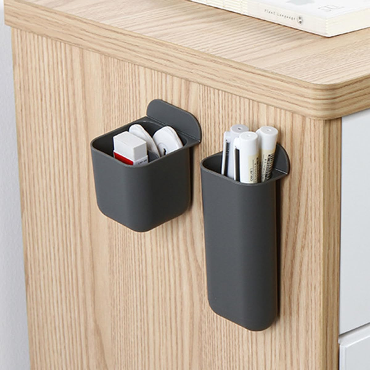 SEWACC 3Pcs Desktop Pencil Holder Set with Adhesive Computer Screen Storage Boxes, Long Gray and Gray Color, Desk Organizer for Office and Home Accessories image number 1