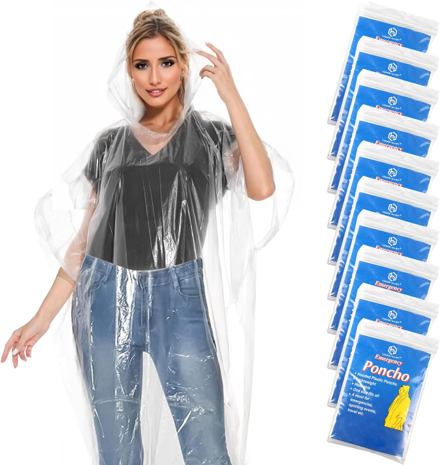 10 Pack Disposable Rain Ponchos for Adults, H HOME-MART Protable Emergency Disposable Rain Poncho Family Pack for Adults,Clear image number 1