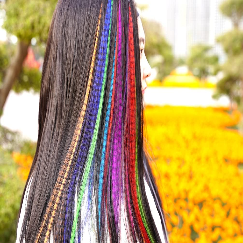 YUDAOHAIR Synthetic Feather Hair Extensions for Women 16 Inch Hairpieces With100Pcs Silicone Micro Link Beads and 2 Crochet Hooks Hair Feathers with Tools Kit (16'', 12 Feather Mix Colors) image number 7