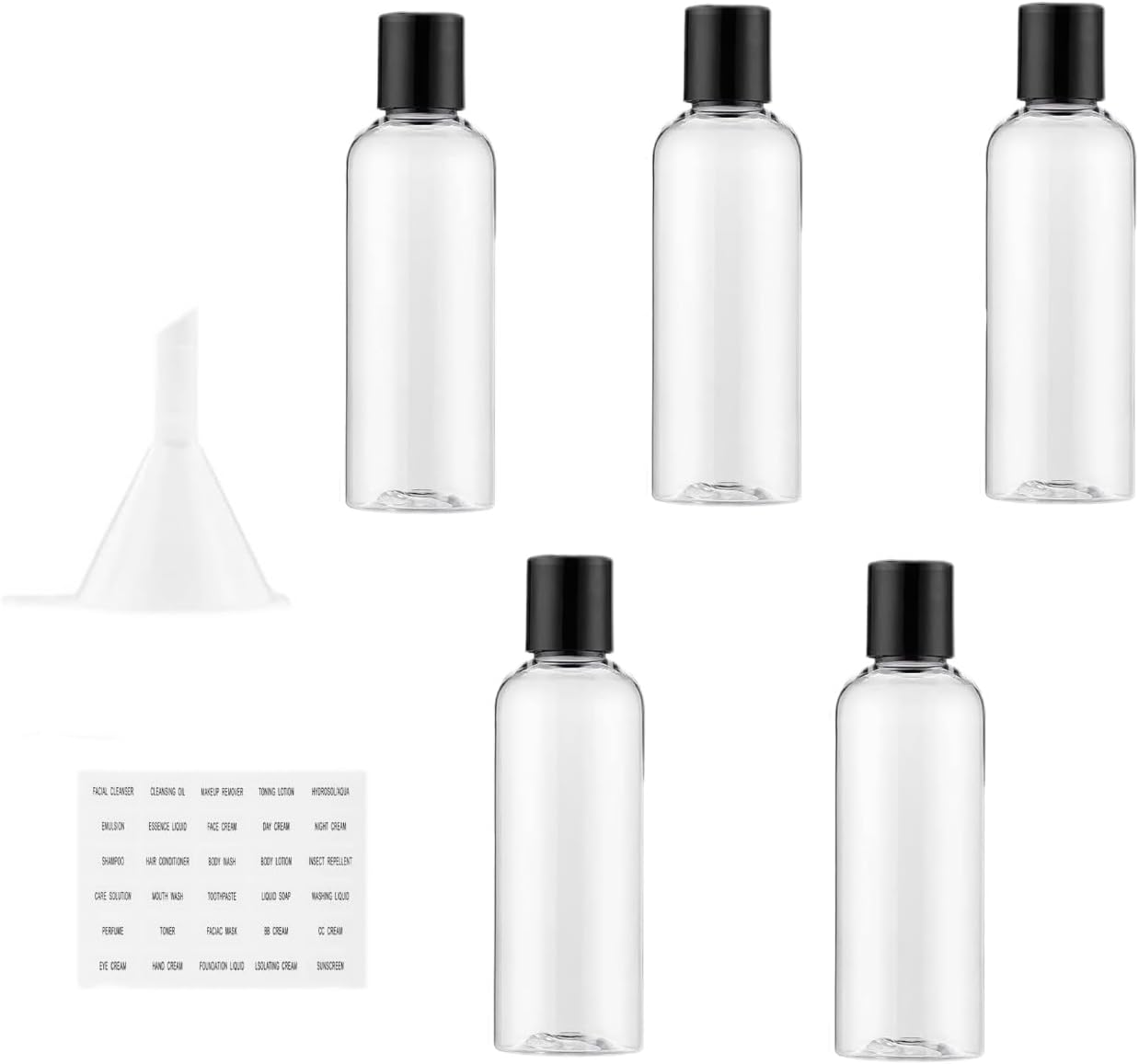 5PCS 120ML Plastic Bottles with Disc Top Flip Cap Empty Squeeze Bottles Refillable Travel Container Dispensing with 1 Funnel and Label for Liquid Lotion Toiletries（Transparent） image number 1