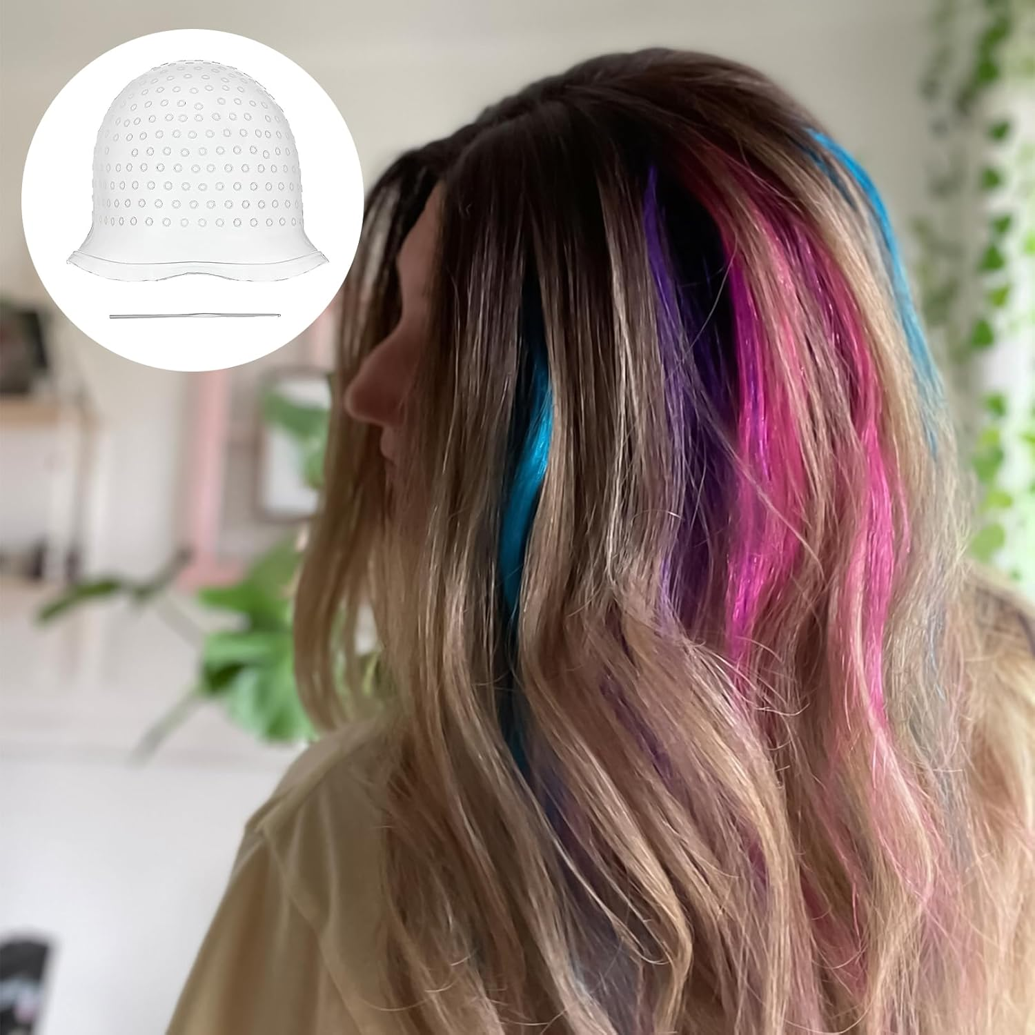 Hair Extension Hood for Strands Colour Highlighting Cap Set with Needle Balayage Set Blonde Strands image number 6