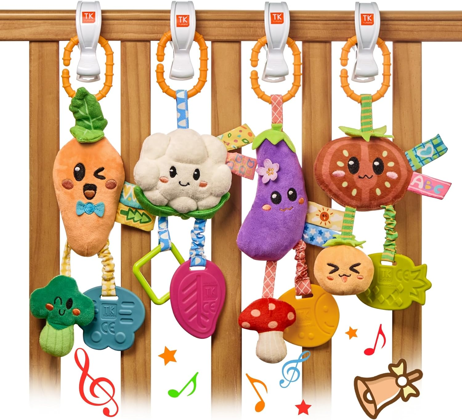TUMAMA Baby Plush Hanging Vegetable Set Toy 4 Cute Different Vegetable Crib Stroller Toys, Pretend Play Food Sensory Rattle Hanging Toy.Suitable for Babies 0, 3, 6, 9, 12 Months+ image number 2
