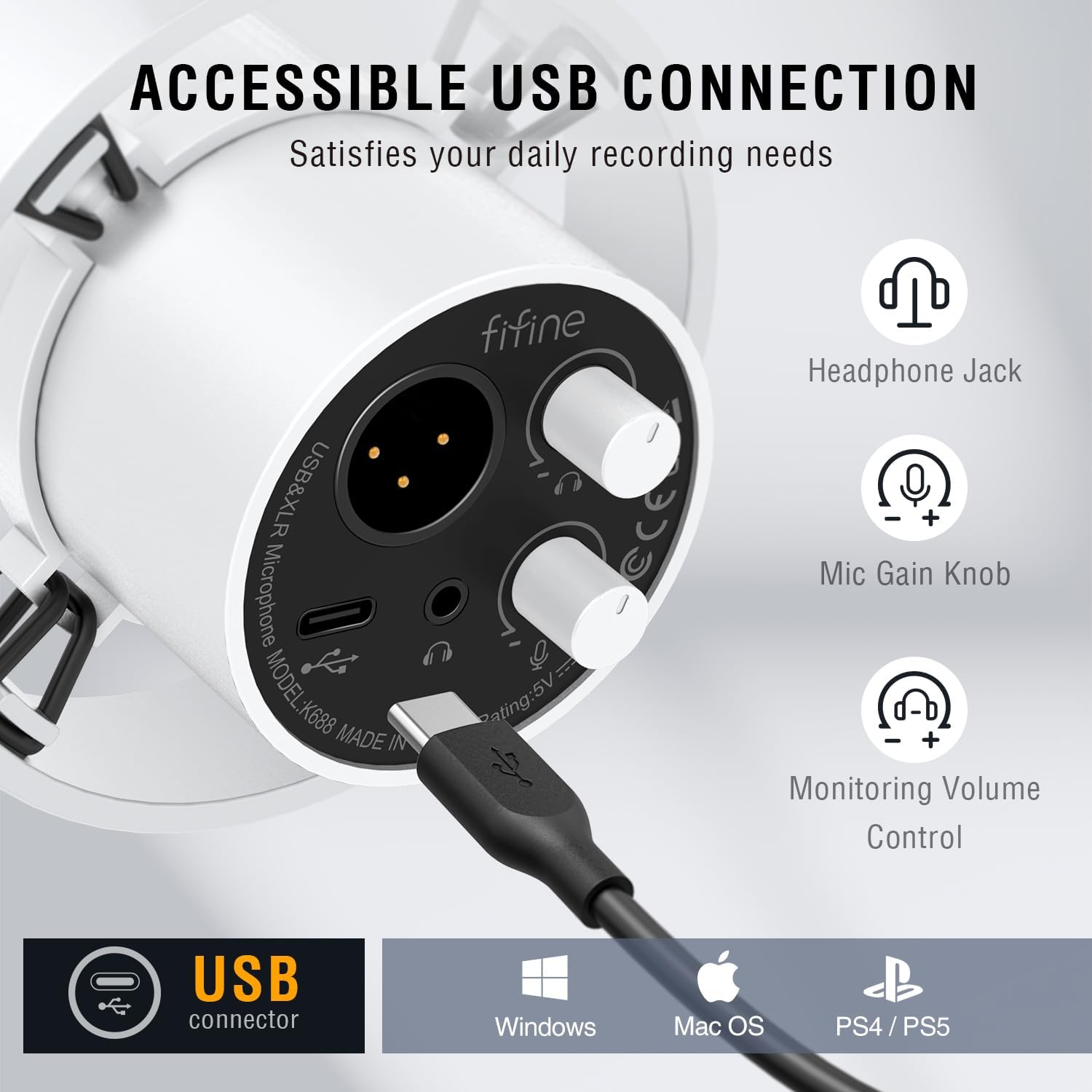 FIFINE Studio XLR Dynamic Microphone, USB PC Podcast Microphone for Streaming Recording, XLR/USB Vocal Mic with Tap-To-Mute, Gain Knob, Headphones Monitoring-Amplitank K688 White image number 6