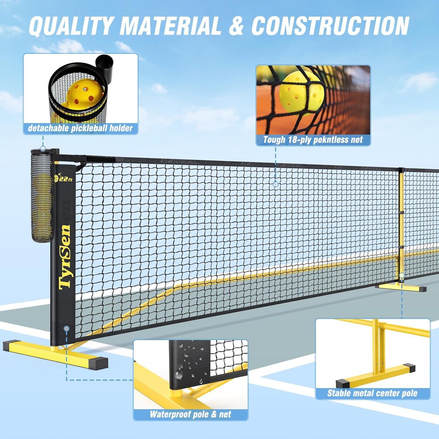 TYRSEN Portable Pickleball Net for Driveway, 22 FT Regulation Size & 11 FT Half Court Size Pickle Ball Net with Ball Collector, 2-In-1 Pickle Ball Net with Carry Bag for Garages Backyard