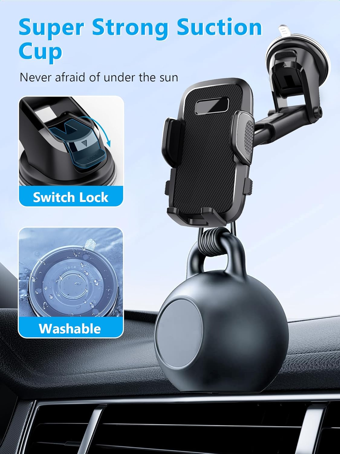 BASEMO 3-In-1 Car Phone Mount &ndash; Dashboard, Windshield & Air Vent Holder with 360&deg; Rotation, Secure Suction, Fits 4.7-7.2 Inch Mobile Phones (Iphone, Samsung, Huawei) (Side-Opening Type) image number 5