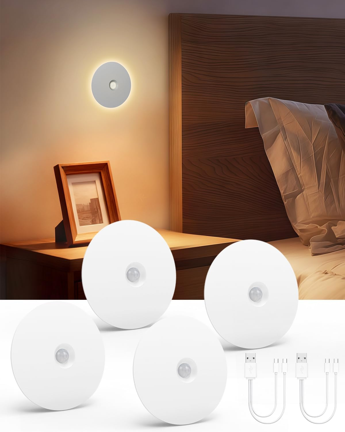 Yiliaw Night Light with Motion Sensor, Pack of 4 Rechargeable Wireless LED Night Lights for Indoor Spaces, Brightness Adjustable, 3 Colour Temperatures Light for Hallway, Bedroom, Bathroom, Stairs image number 2