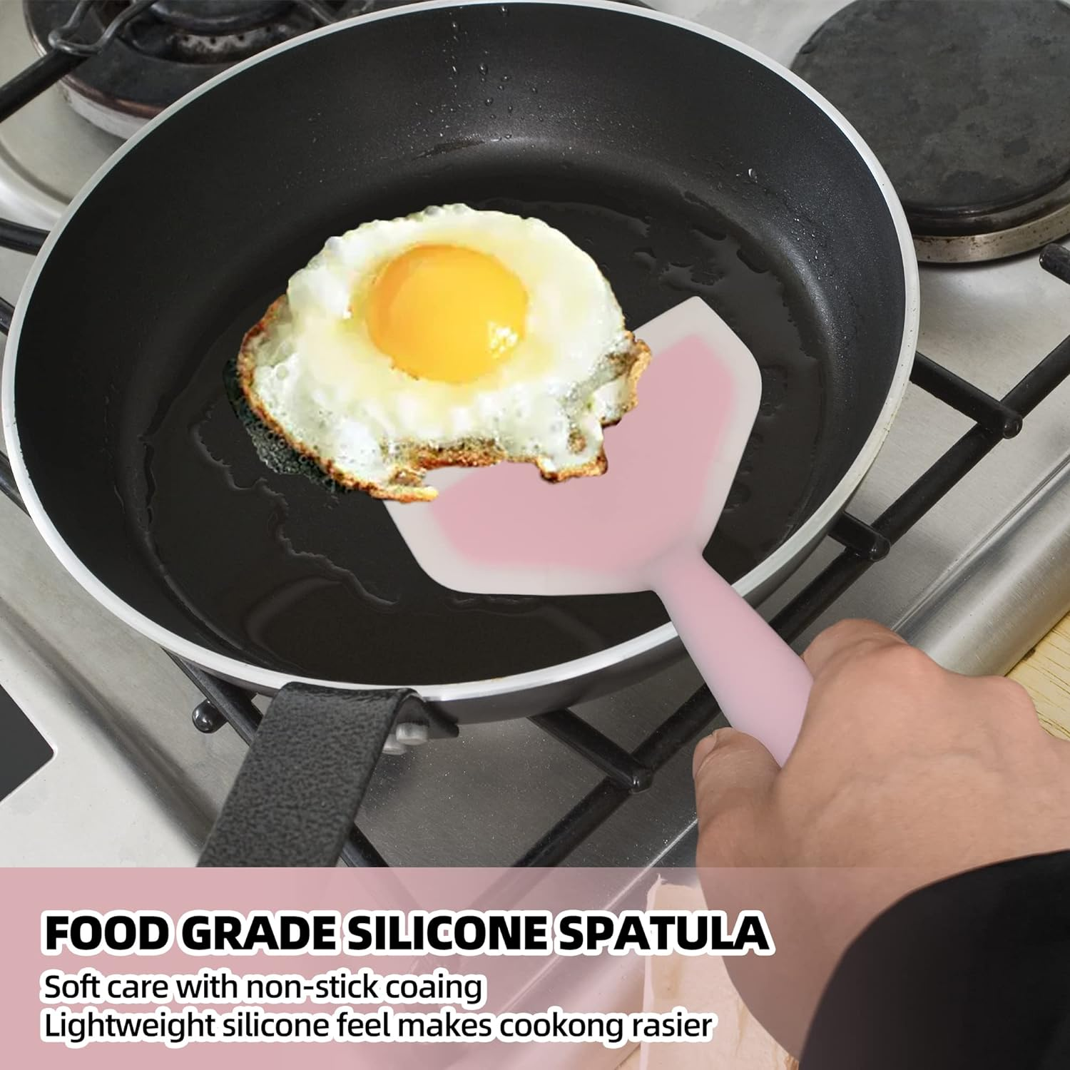 2 Pack Silicone Pancakes Spatula,Wide Pancakes Spatula Turner for Eggs Fish Pizza and Steak Shovel Omelette Spatulas for Nonstick Cookware,Heat Resistant Kitchen Flipper Spatulas for Cooking (GP) - Green And Pink image number 5