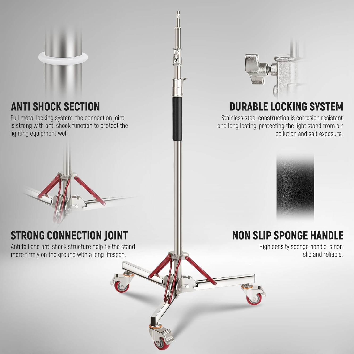 NEEWER 10Ft Heavy Duty Air Cushioned Light Stand with Casters, Adjustable Tripod Stand, Stainless Steel Photography Wheeled Stand for Studio Flash Softbox Monolight Reflector, SC305AW image number 6