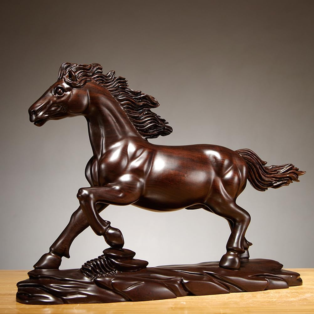 LOGOFUN Wooden Horse Figurine Wood Zodiac Horse Statue Chinese Horses Sculpture Desktop Horses Ornament for Home Office - 12 * 9 * 4Cm image number 2