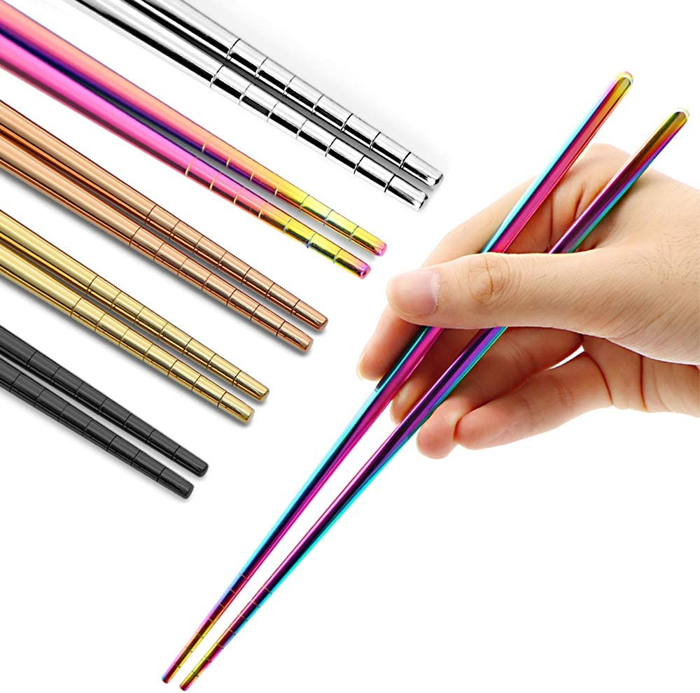 Stainless Steel Chopsticks Reusable Multicolor Lightweight 304 Metal Chopsticks Dishwasher Safe - 5 Pairs (Gold)