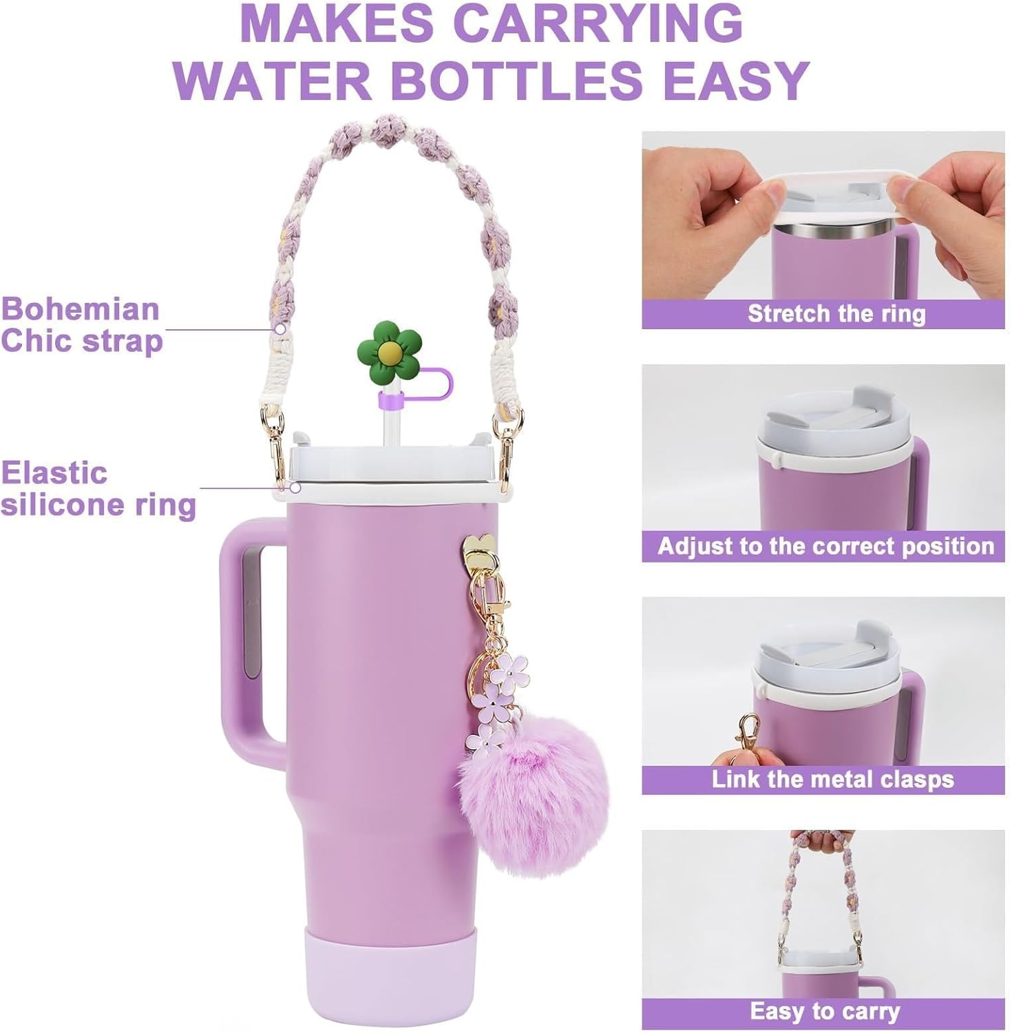 Stanley Cup Accessories Set, Siliocne Stanley Cup Boot, Stanley Charms Silicone Reusable Cup Accessories Includes Siliocne Cup Boot Straw Cover Pompom Ball Daisy Key Chain Heart Hook (Purple) - White image number 5