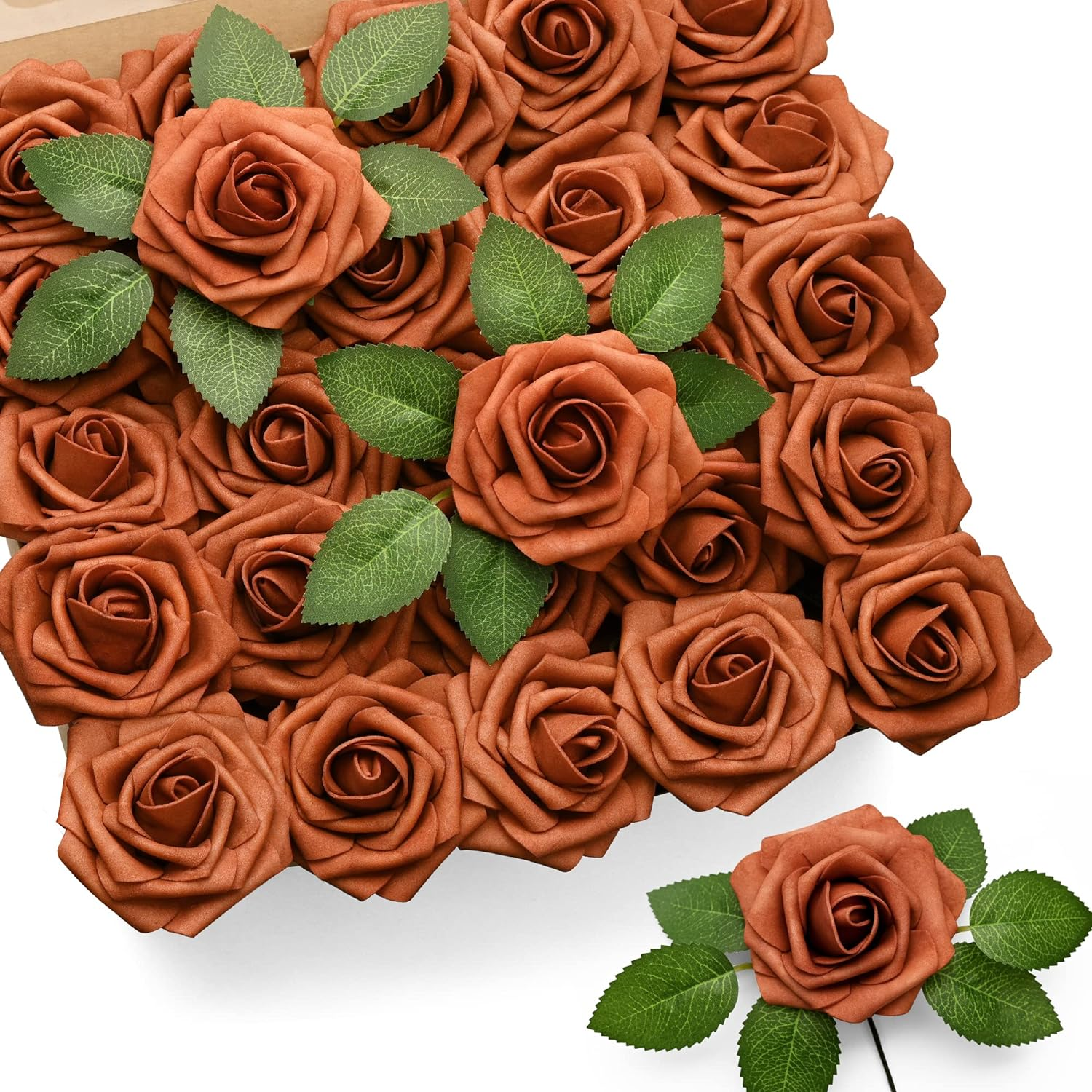 Mocoosy 50Pcs Artificial Rose Flowers, Burnt Orange Fake Roses for Decorations, Real Touch Terracotta Foam Rose Bulk with Stems Rust Floral Arrangements Wedding Valentine'S Day Party Home Table Decor
