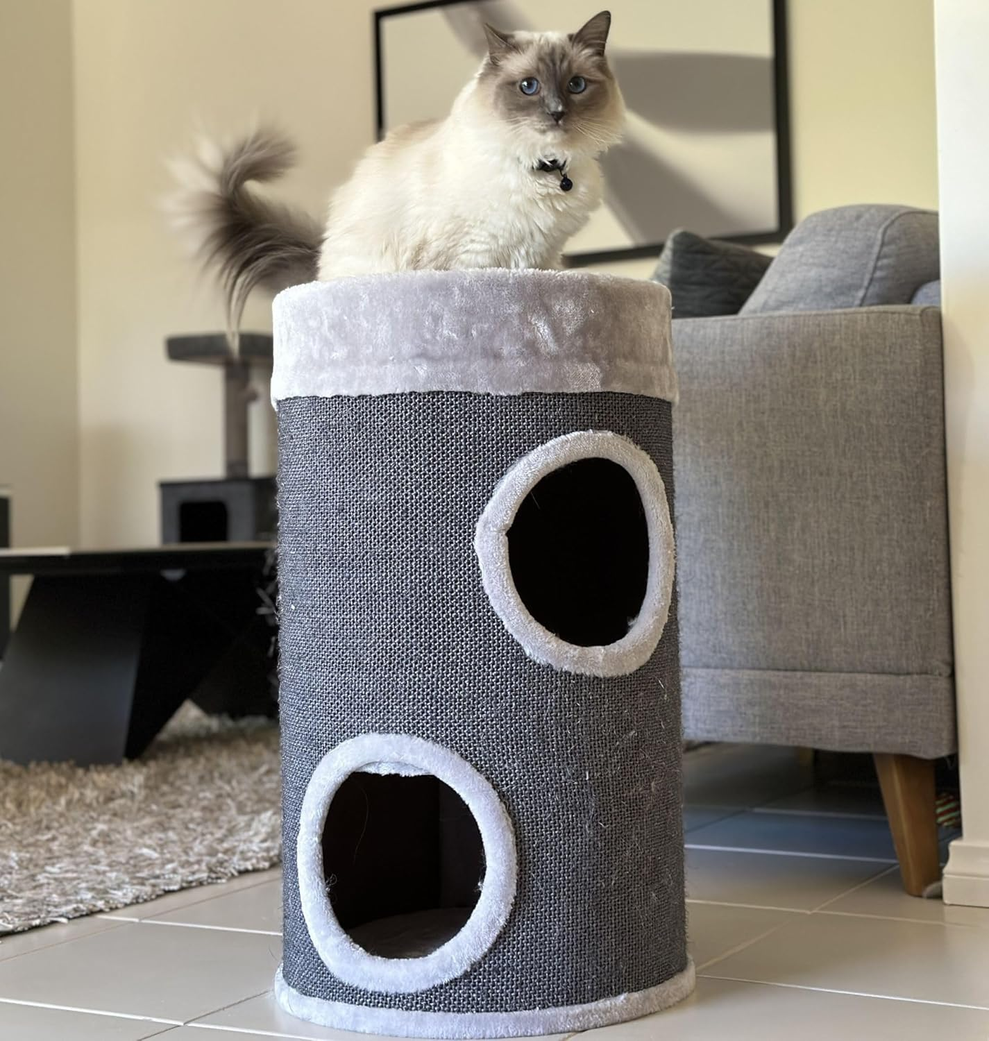 Cat Scratch Hideaway Mini Drum Grey, 65Cm Height - Cat House, Soft Plush Material, Ventilated image number 1