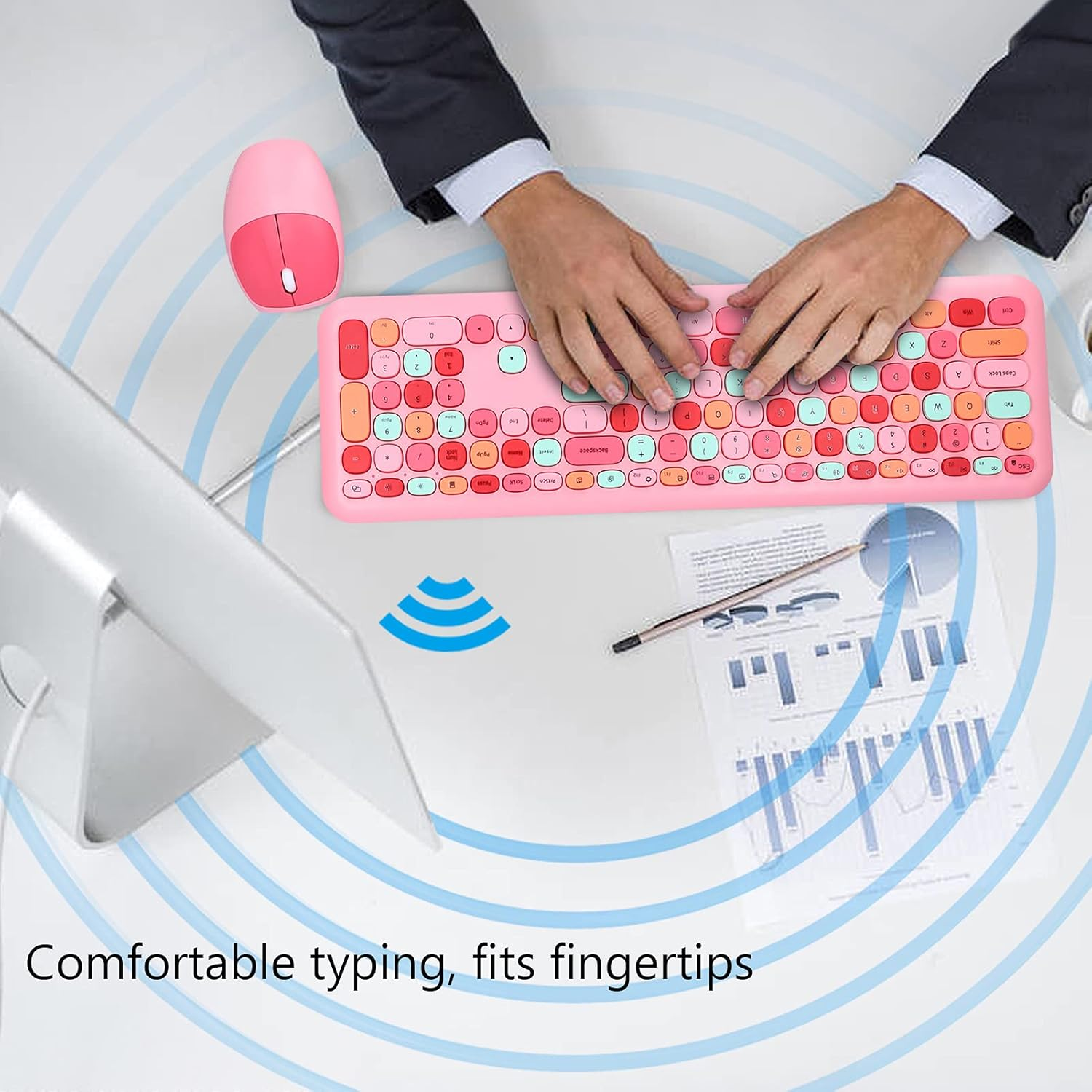 Wireless Keyboard and Mouse Set, Retro Style, Ergonomic Angle, Power Saving Technology, Multi Color, Mute Cover, for Home Office (Mixed Color Keyboard and Mouse Set) - Green Mixed Color Keyboard And Mouse Set image number 7