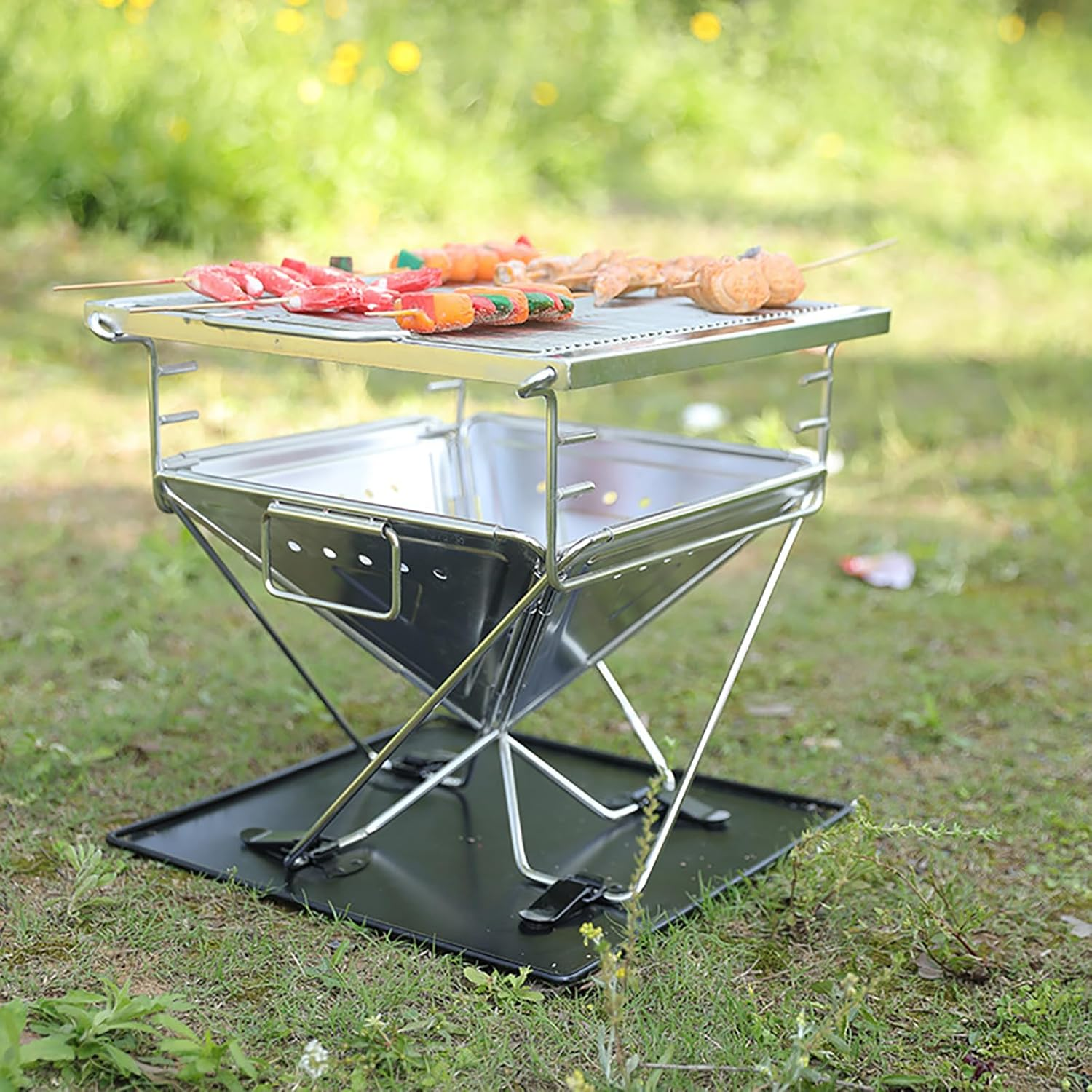 ZOOMTEC Portable Camping Fire Pit, Stainless Steel 304 Folding Firepit 42CM X 42CM with Handle, Height Adjustable & Collapsible BBQ Grill Stove with Carrying Bag & Ash Tray Bracket image number 1