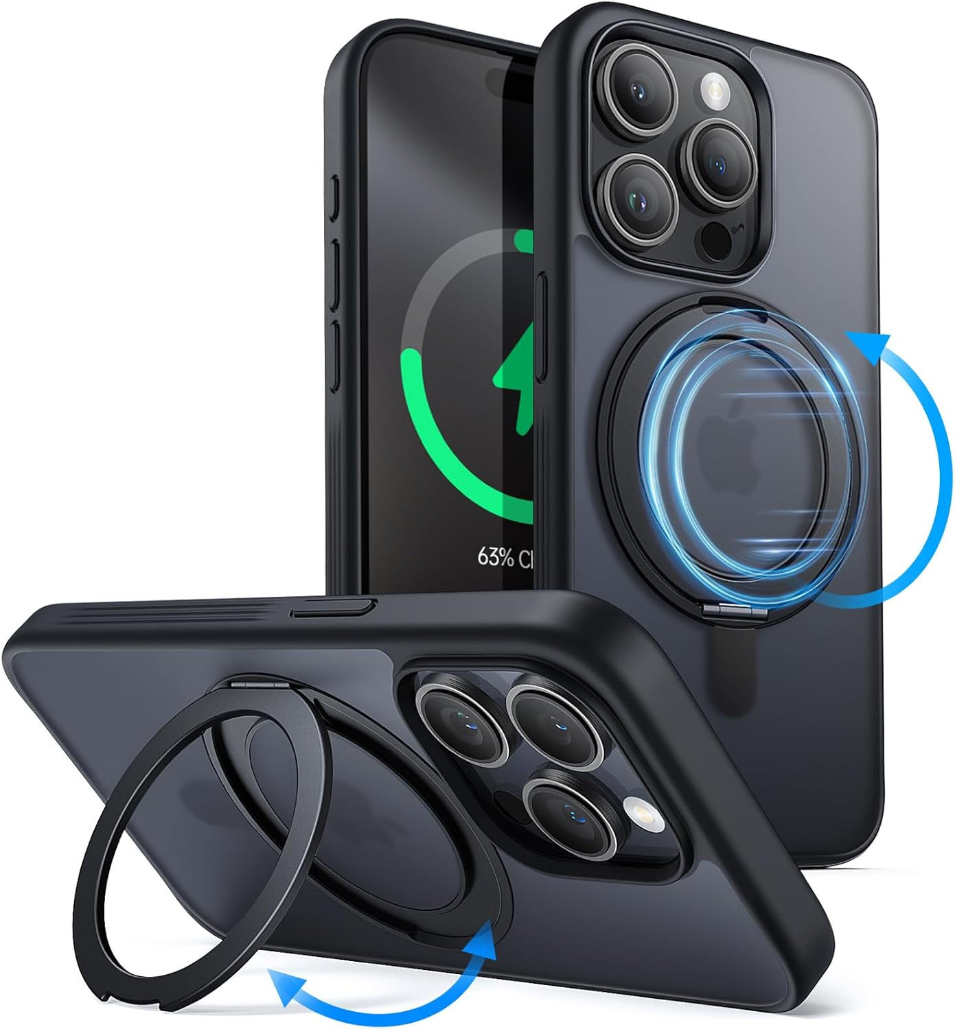 Jetech 360 Degree Rotatable Ring Case for Iphone 15 Pro Max 6.7-Inch Compatible with Magsafe, Slim Shockproof Phone Cover with Stand & Ring Holder (Blue Titanium)