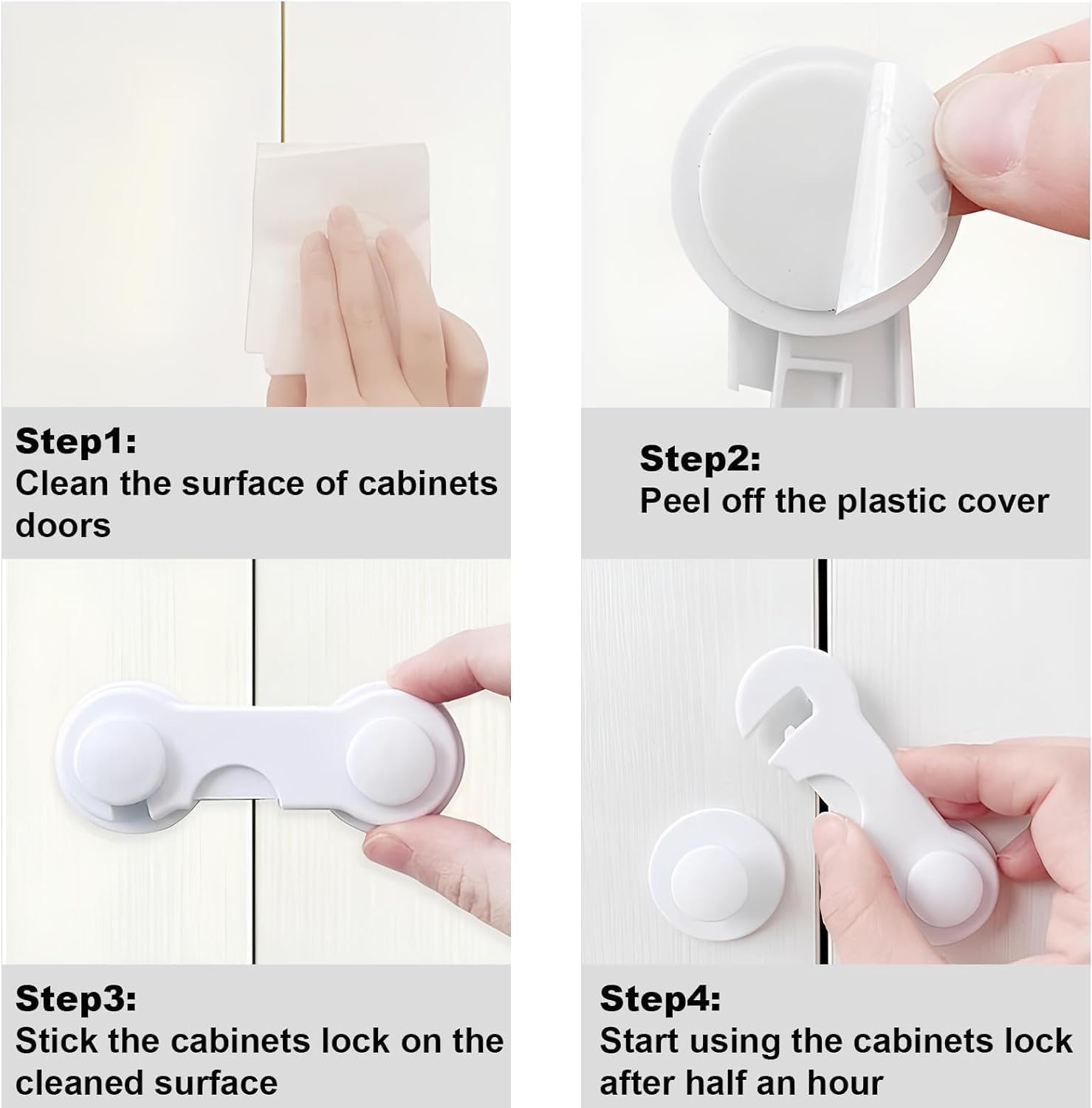 10 Pack Child Safety Locks,With Removable Adhesive Tape,Baby Safety Cabinet Locks for Wardrobe Cupboards Closet Pantry Door Oven and Freezers（White） image number 4
