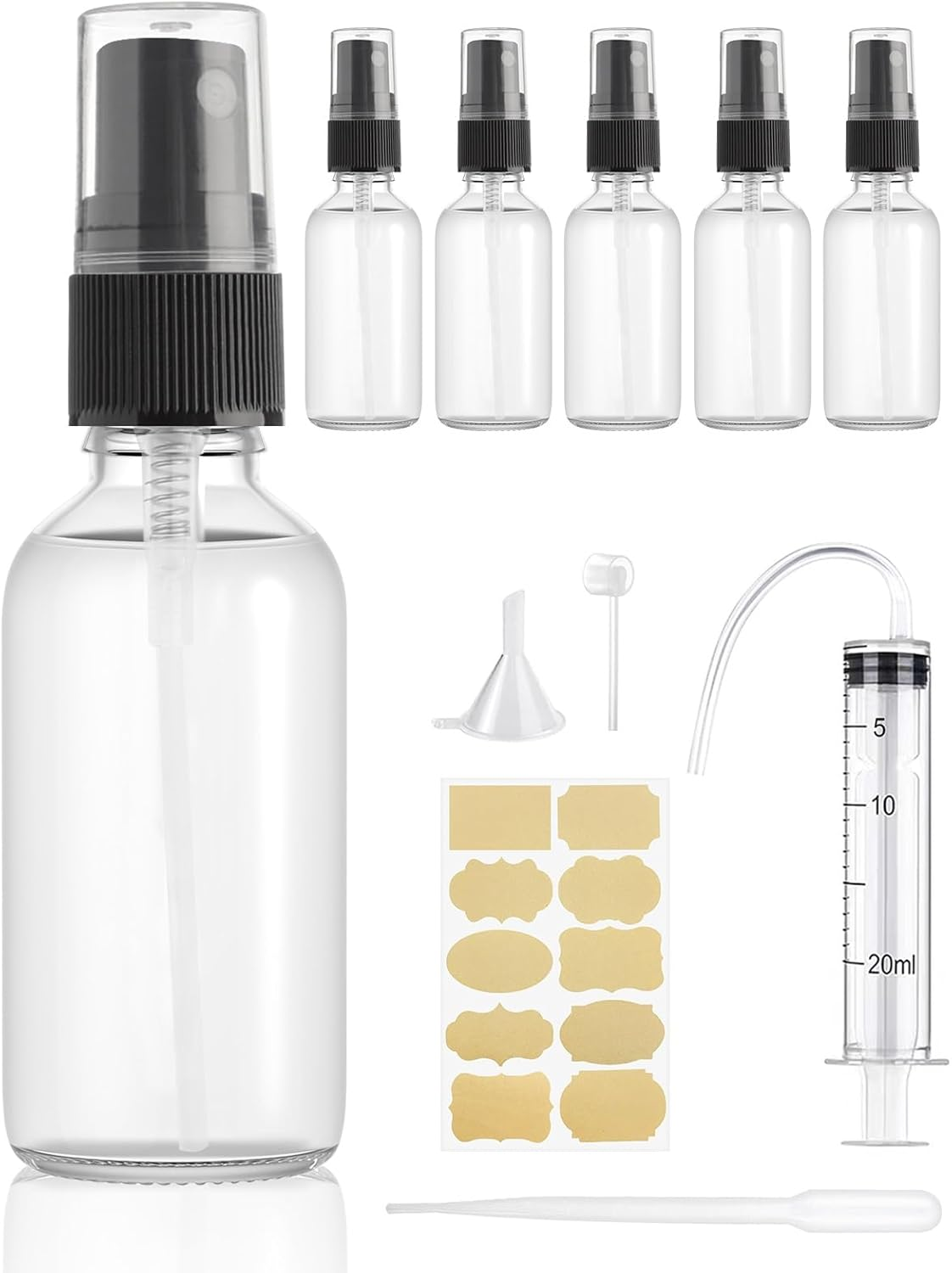 Bohoray Pack of 6 30 Ml Spray Bottle, Small Glass, Glass Spray Bottle, Atomiser Spray Bottle, Pump Atomiser with Funnel/Syringe/Label, Portable Transparent Atomiser Perfume for Cosmetics, Liquid image number 6
