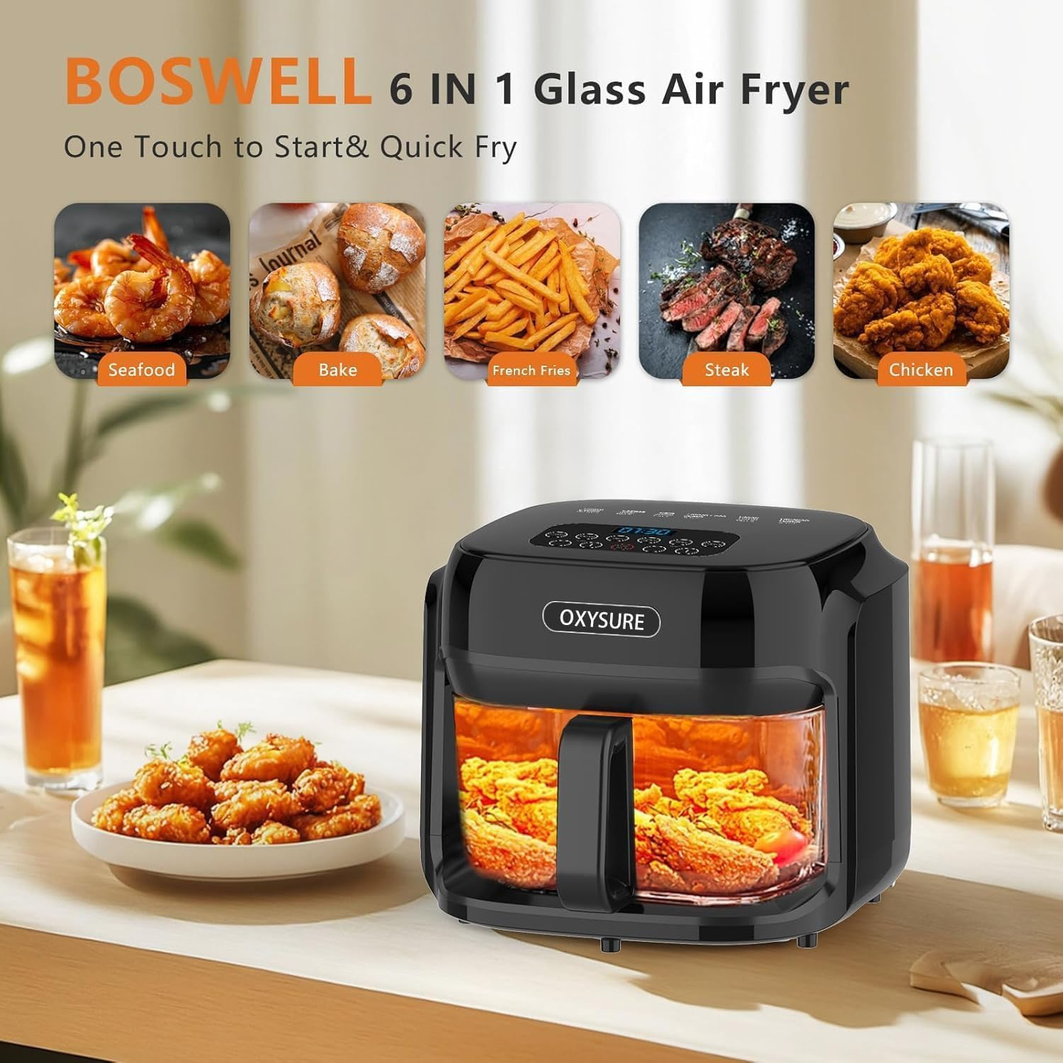 Glass Air Fryer, 7.5QT Glass, 360&deg; Even Heating & Dishwasher, Oil-Less Cooking Appliance for Small Kitchens & Family Meals image number 5