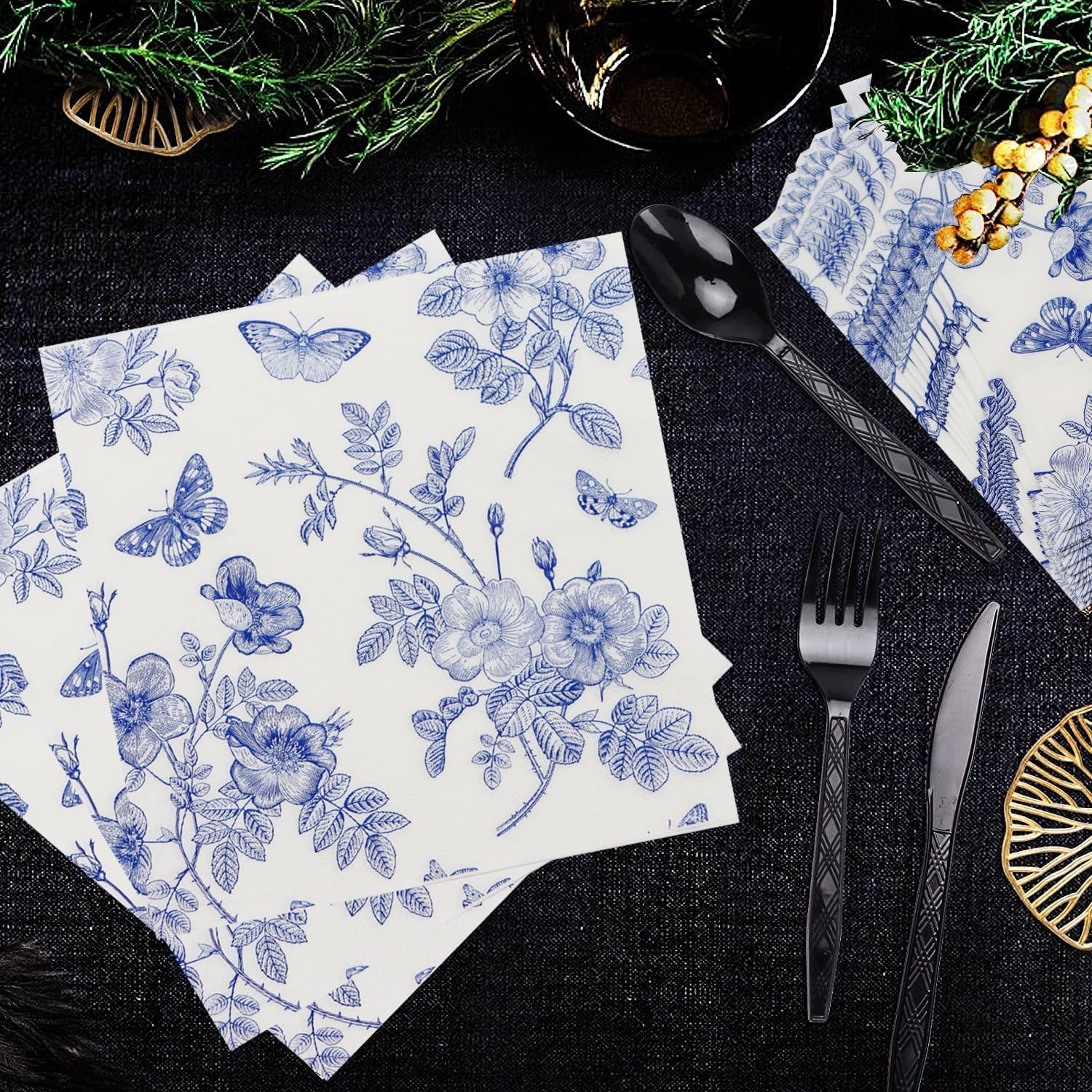 40 Pack Blue White Floral Luncheon Napkins - Fancy Dessert Paper Napkins for Tea Party, Baby Shower, Birthday Party Supplies Decor - Blue image number 2