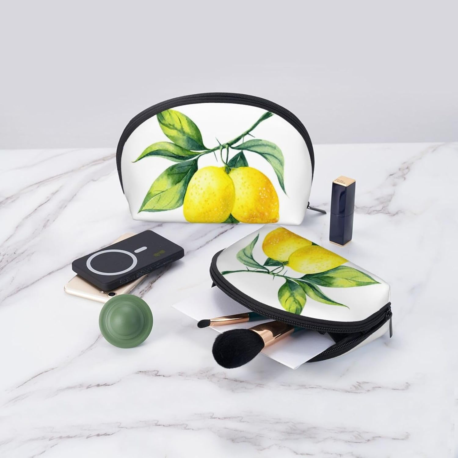 Cozimangoe Coin Pouch Makeup Bags Set, 2 Piece Shell Shape Cosmetic Bag with Pockets for Daily Travel Handbag Lipstick Keys Toiletry, Personalized Bright Yellow Lemon Fresh Fruit image number 4