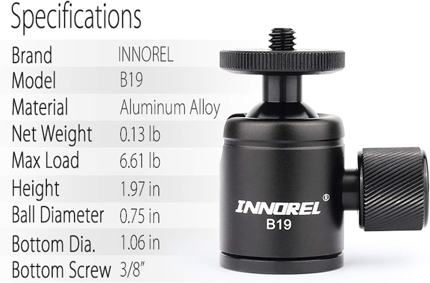 Mini Tripod Ball Head-Innorel B19,2022, 360 Degree Rotating Panoramic CNC Ballhead with 3/8" to 1/4" Adapter,Max Load 3Kg for Phone/Dlsr Camera/Mini Holder,12-Month Warranty