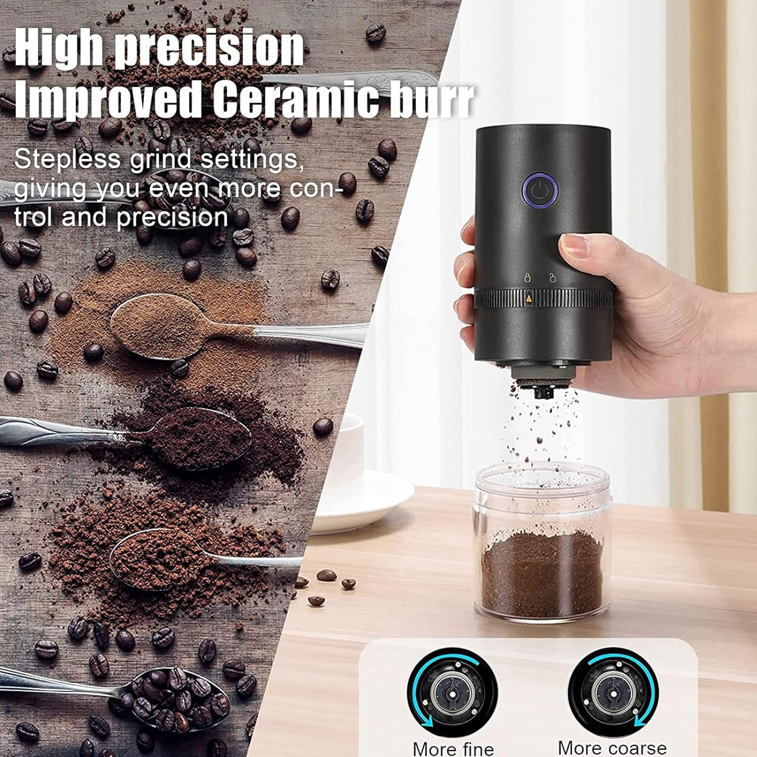 Electric Coffee Grinder,Spice Grinder and Herb Grinder,4 Cups/30G/1Oz Compact Automatic Conical Burr Grinder Coffee Bean Grinder with Multi Grind Setting for Espresso Drip Pour over French Press, USB Rechargeable image number 4